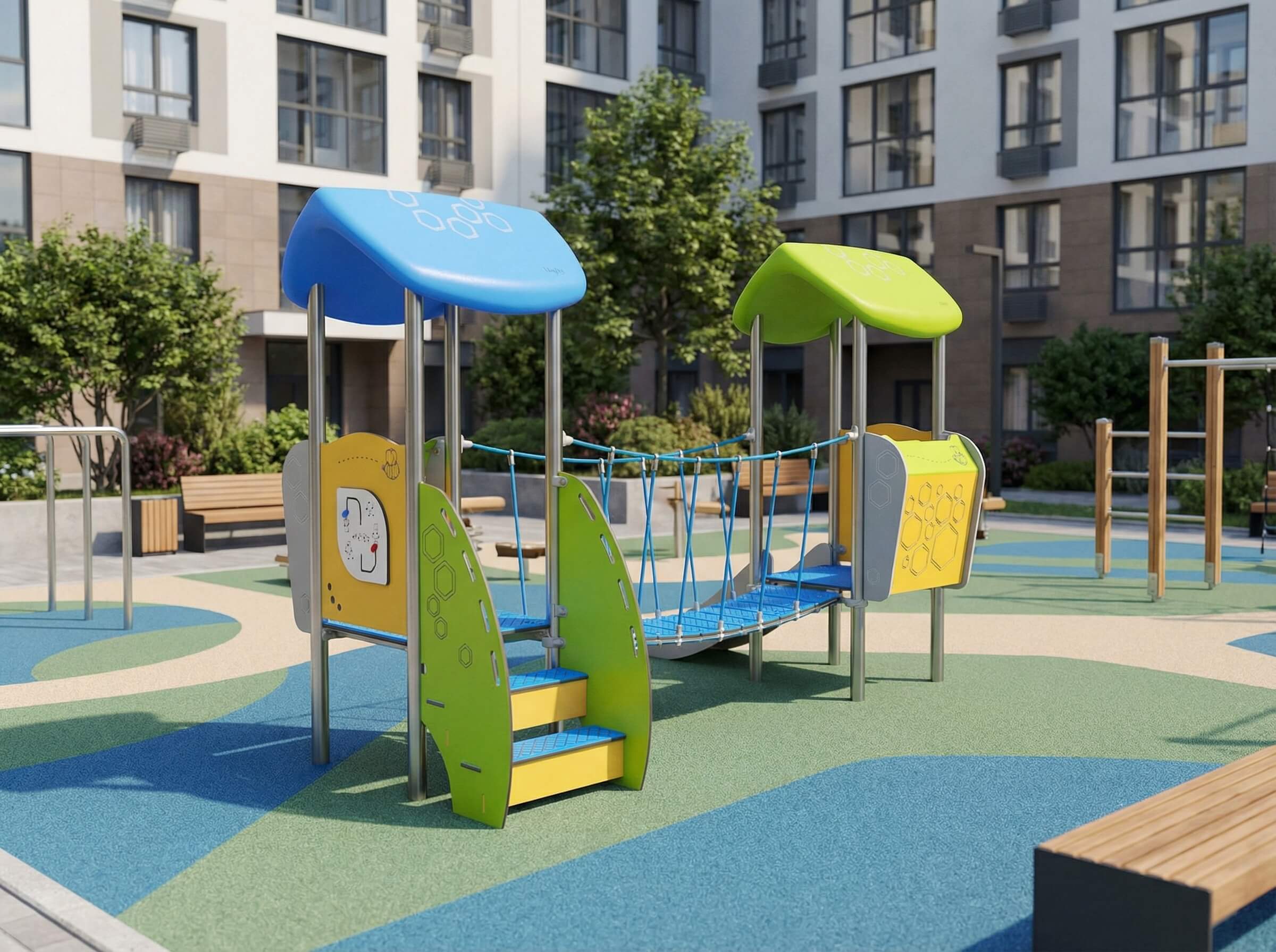 Bunte Spielgeräte auf einem gepflegten Kinderspielplatz vor modernen Wohnhäusern.