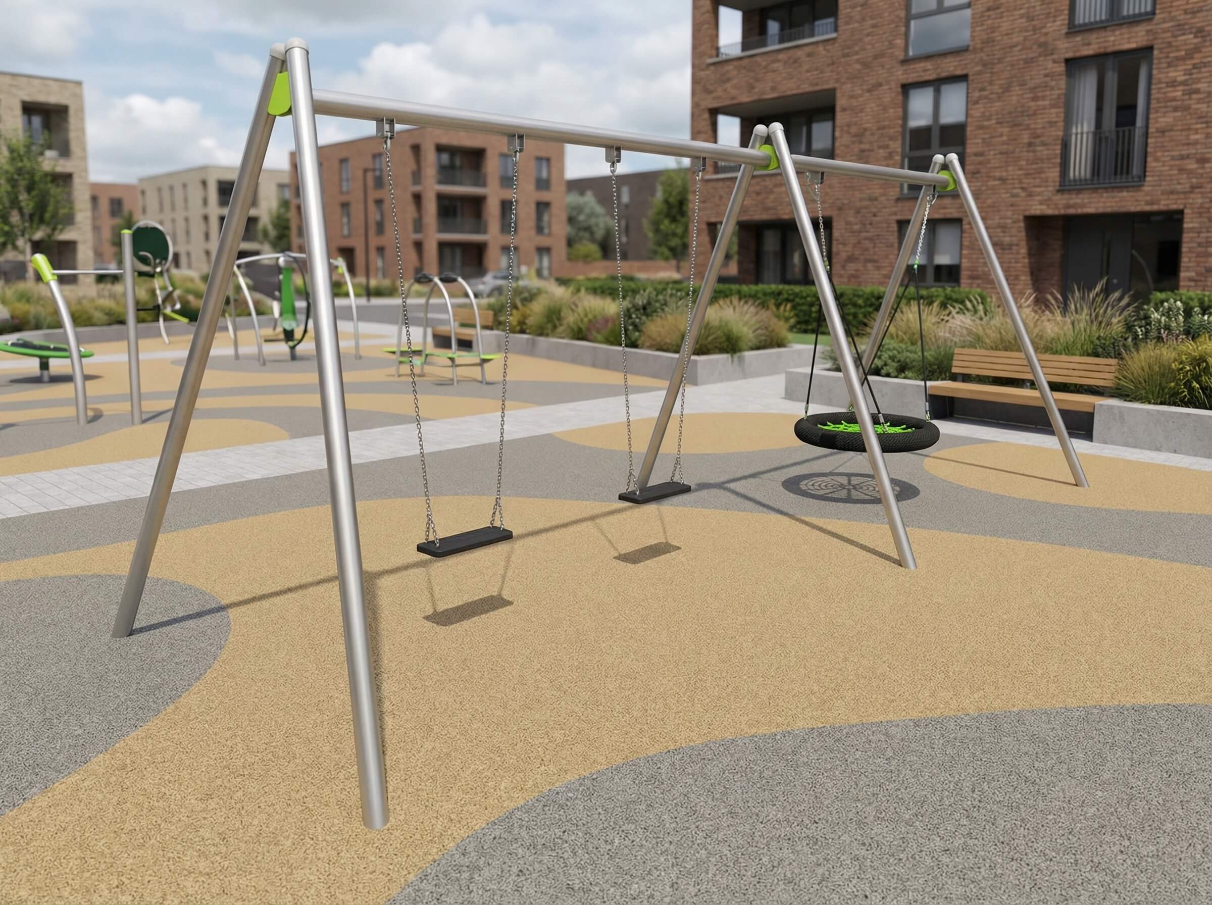Modern playground with swings and tire swing at urban residential complex.