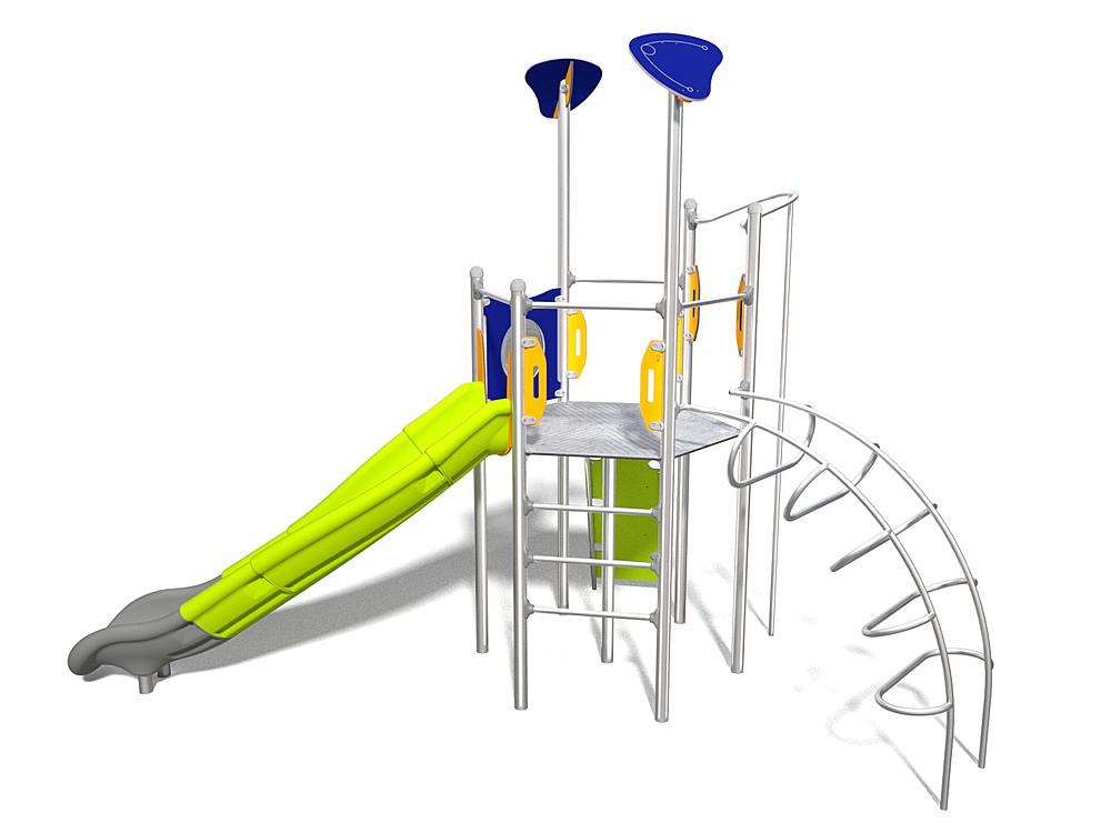 Schwinger für Kleinkinder mit Metallgestell und grünen Verbindungen auf weißem Hintergrund.