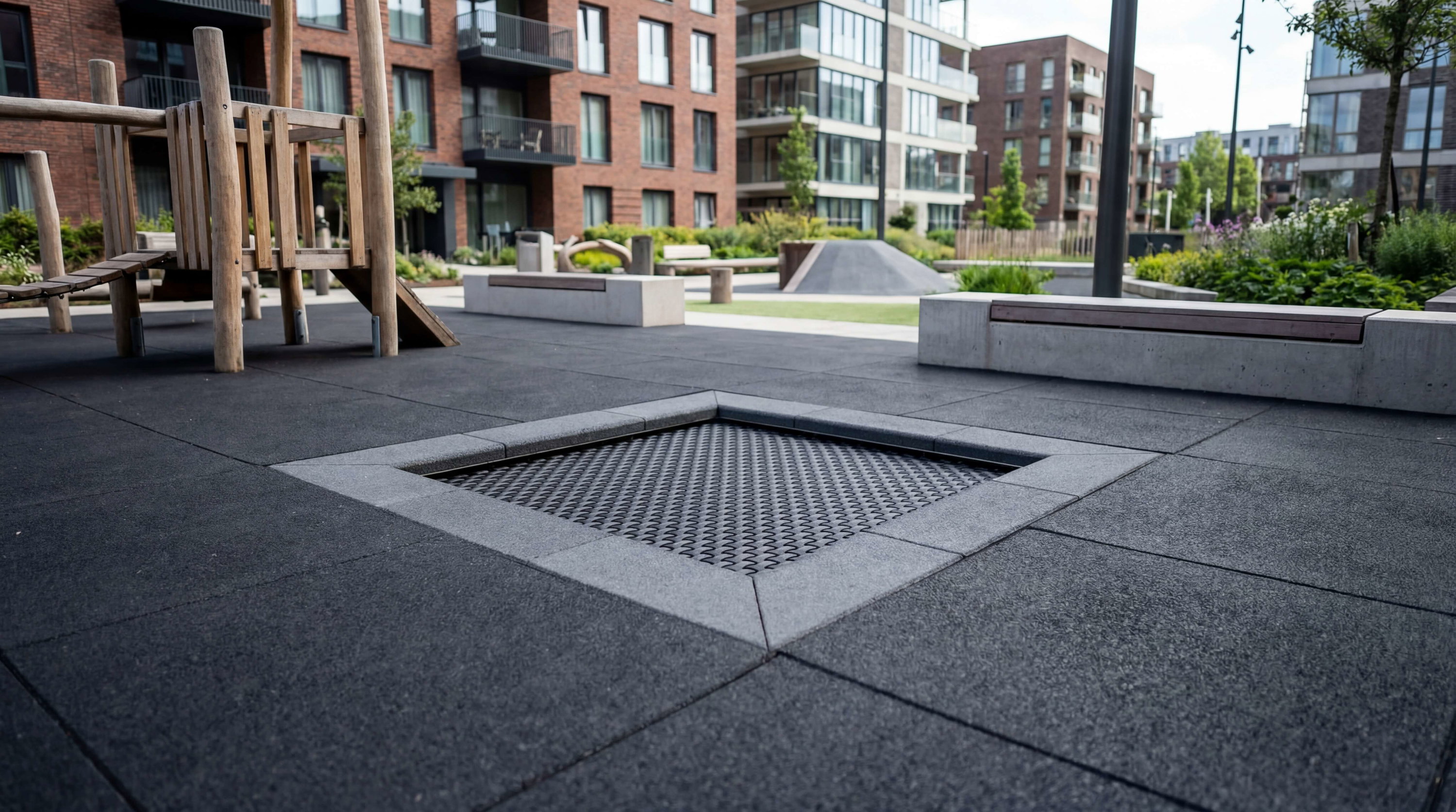 Modern urban playground with wooden equipment and concrete benches near residential buildings.