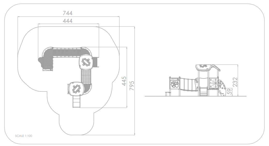 Spielplatz-Plan mit Maßen und Ansicht – Skala 1:100