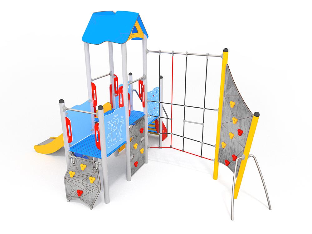 Schwinger für Kleinkinder mit Metallgestell und grünen Verbindungen auf weißem Hintergrund.