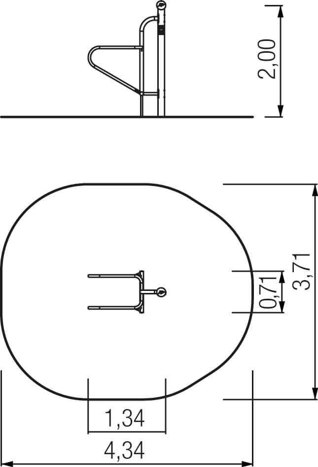 Technische Zeichnung eines Fahrradständer mit Maßen und Ansichten von oben und seitlich.