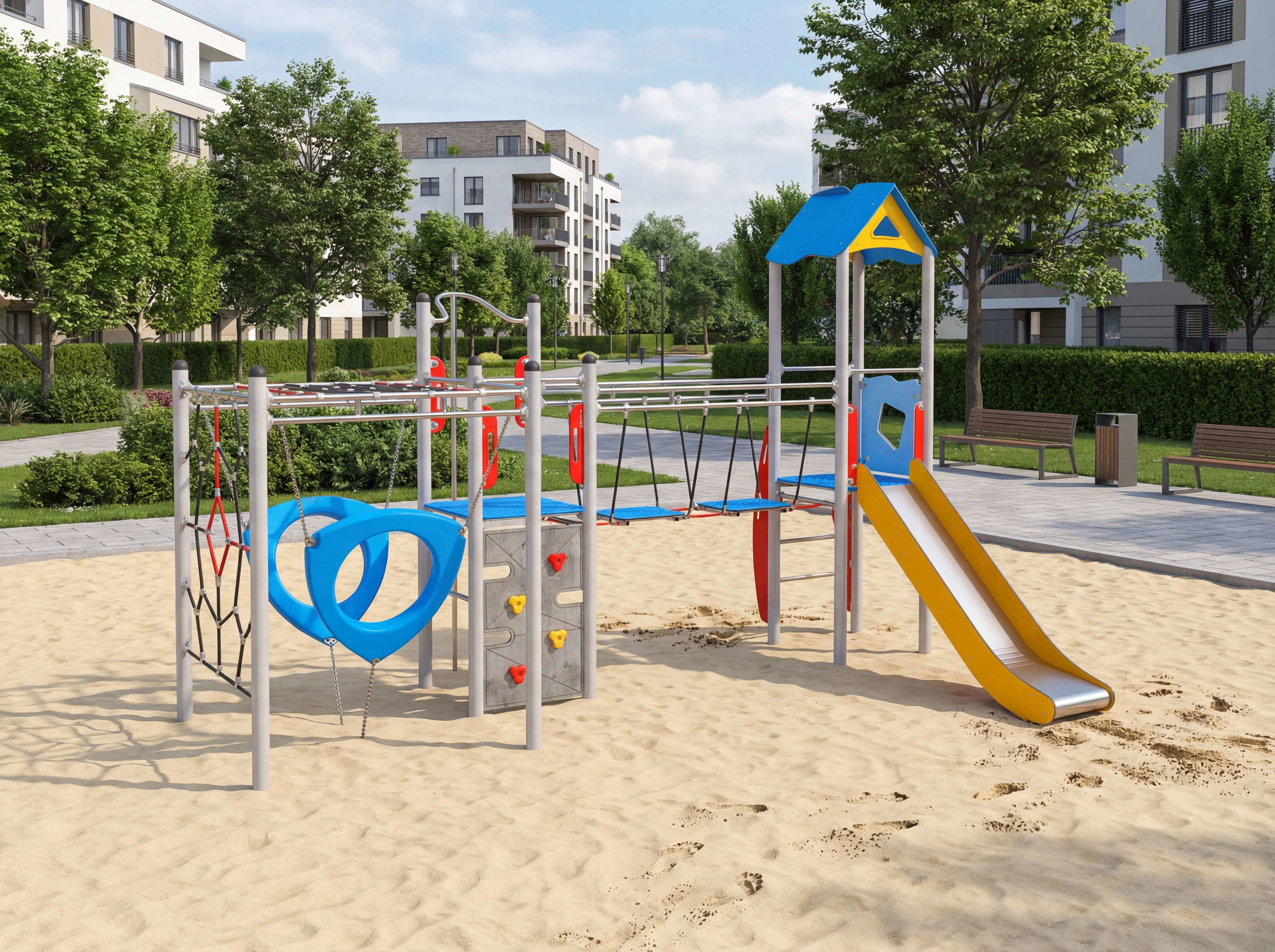 Farbiger Spielplatz mit Rutsche und Schaukel im Sand vor Wohnhäusern.