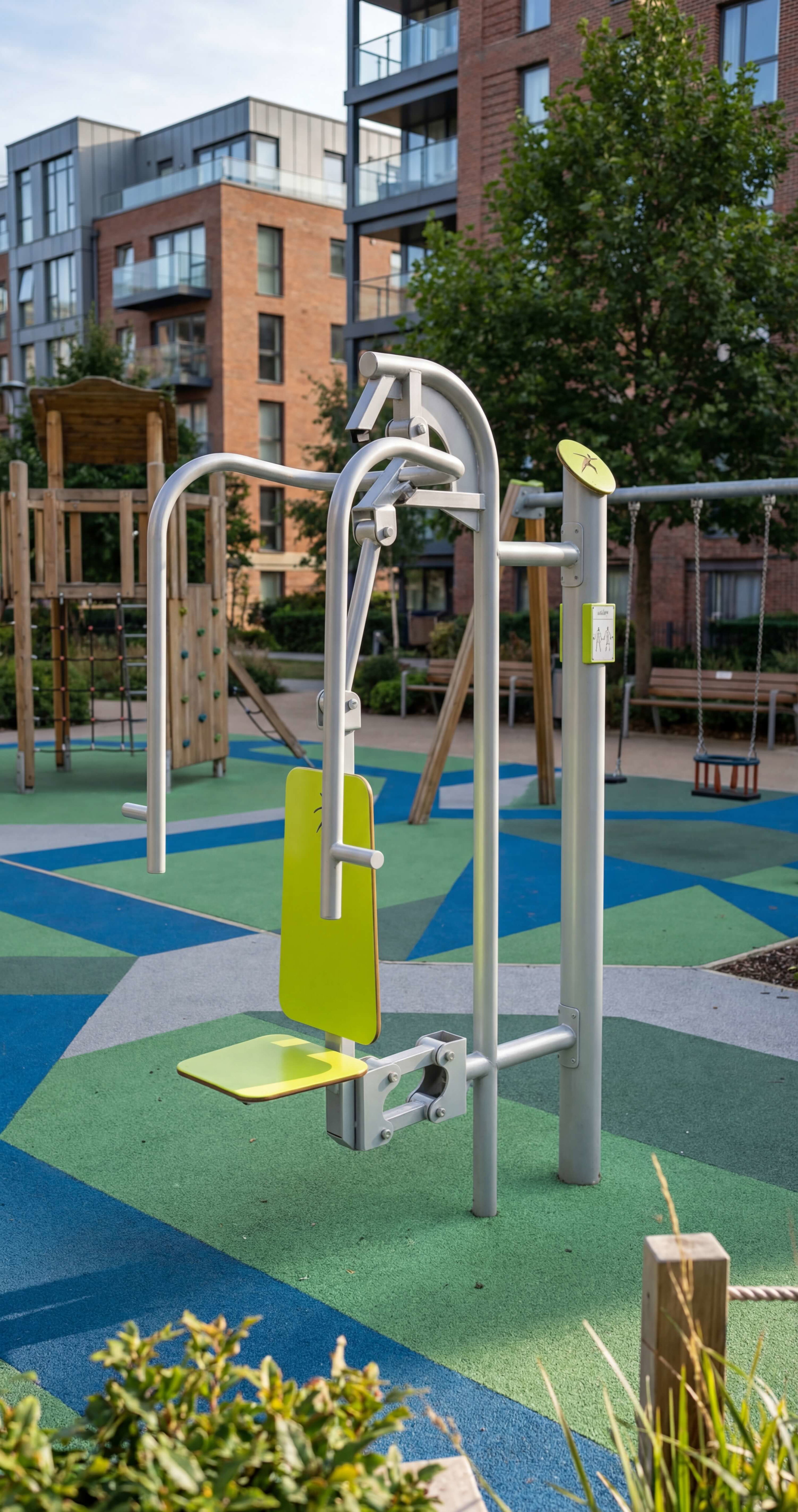 Gelber Fitnessgerät im modernen Spielplatz vor Wohnhäusern mit buntem Bodenbelag.

Fitnessgeräte für Erwachsene und Kinder auf einem farbenfrohen Spielplatz zwischen Hochhäusern.