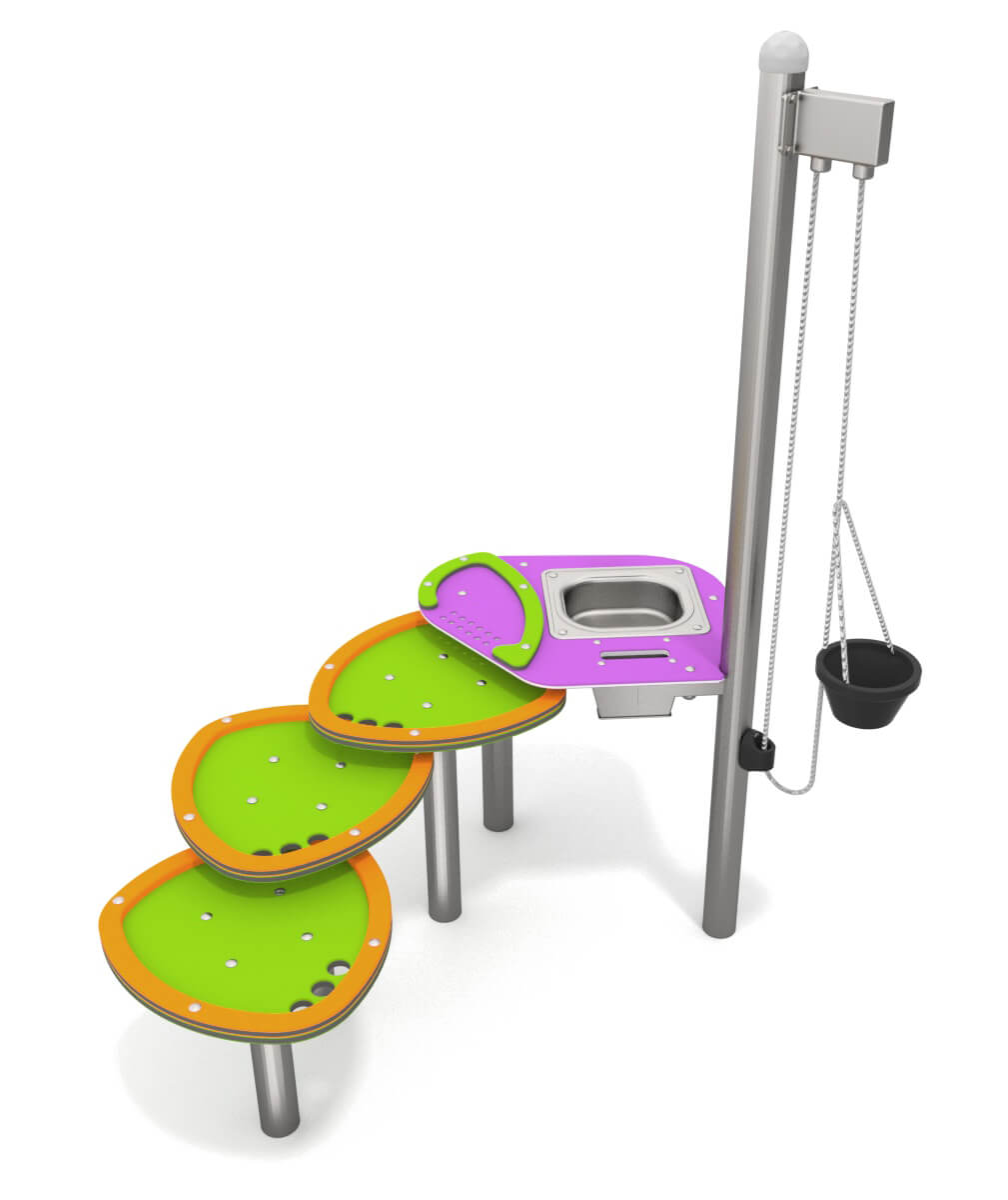 Bunte Kinderspielstation mit Wasserspüle und Kippkorb – ideal für den Spielplatz.