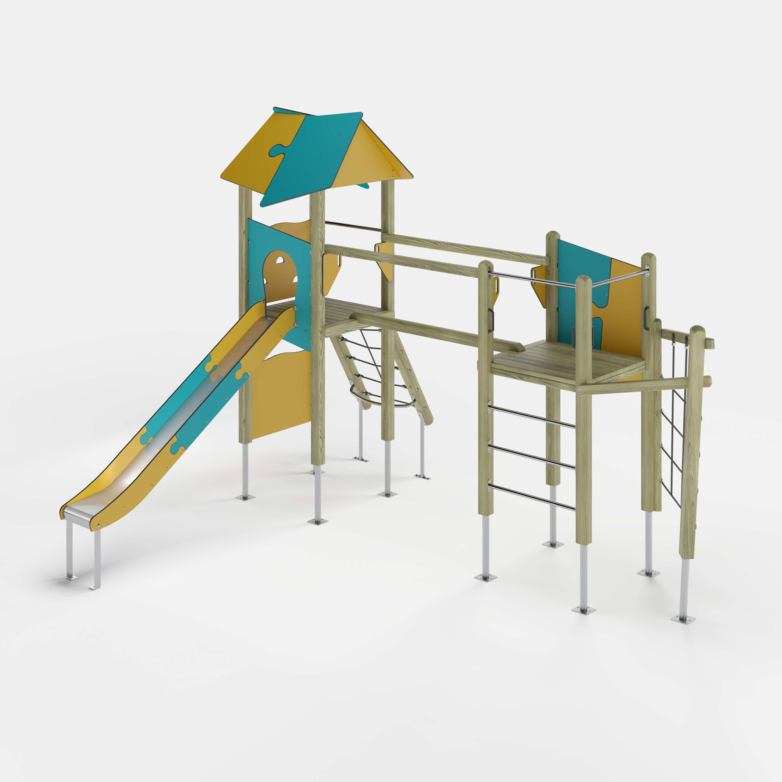 Bunte Kinderspielburg mit Dach und Rutsche auf weißem Hintergrund.