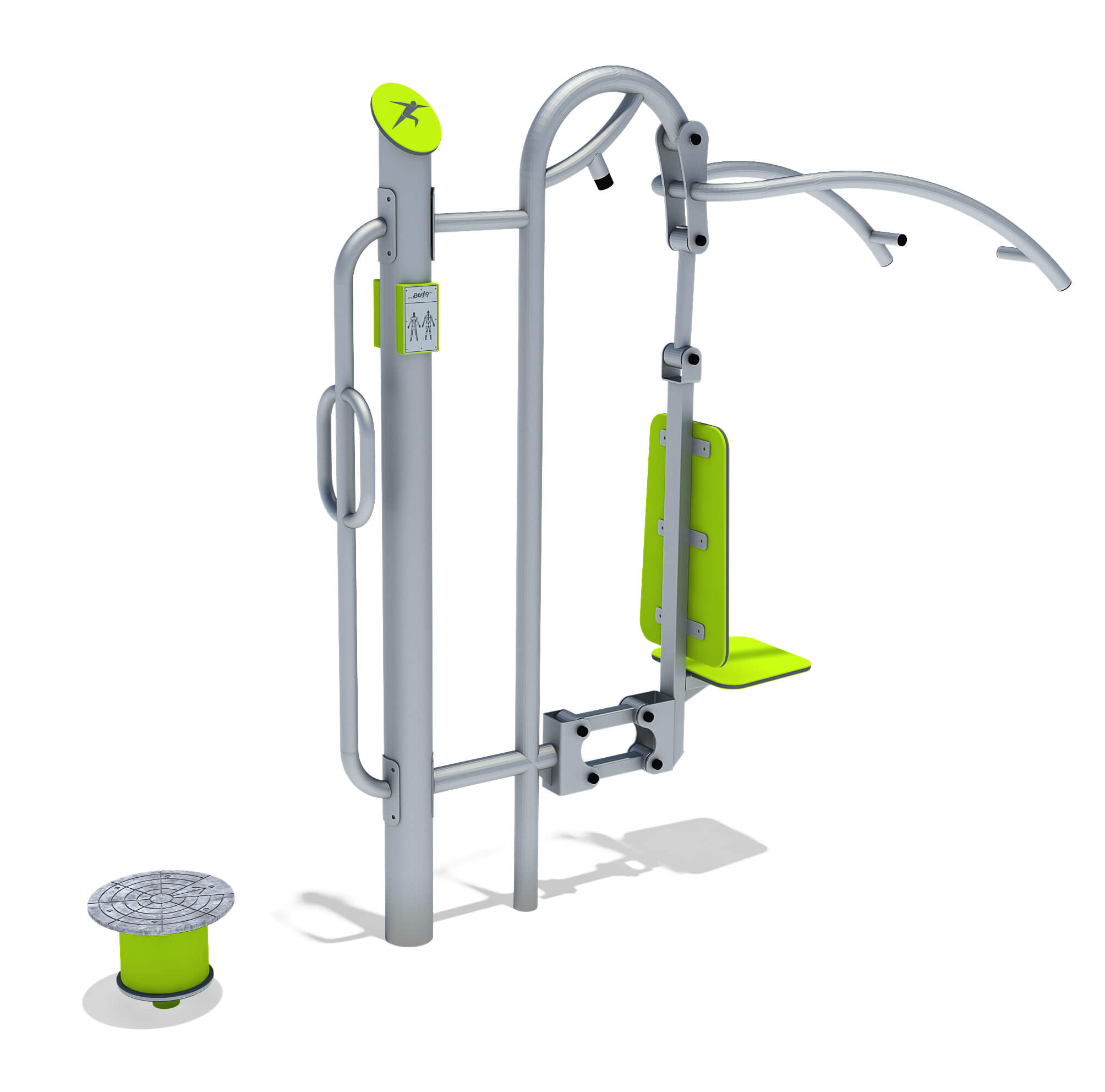 Outdoor fitness station with lime green accents and instruction plaque.