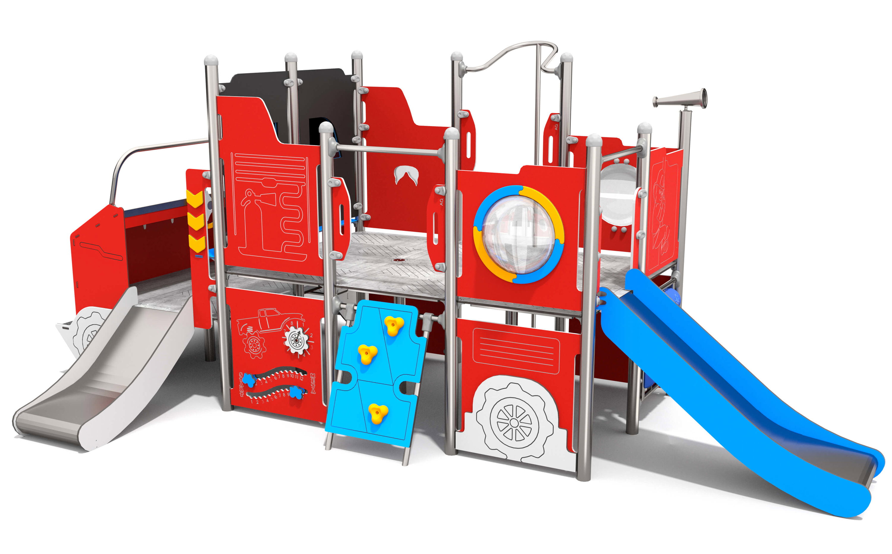 Rotes Feuerwehr-Thema-Spielgerät mit Rutschbahnen und Kletterelementen für Kinder.