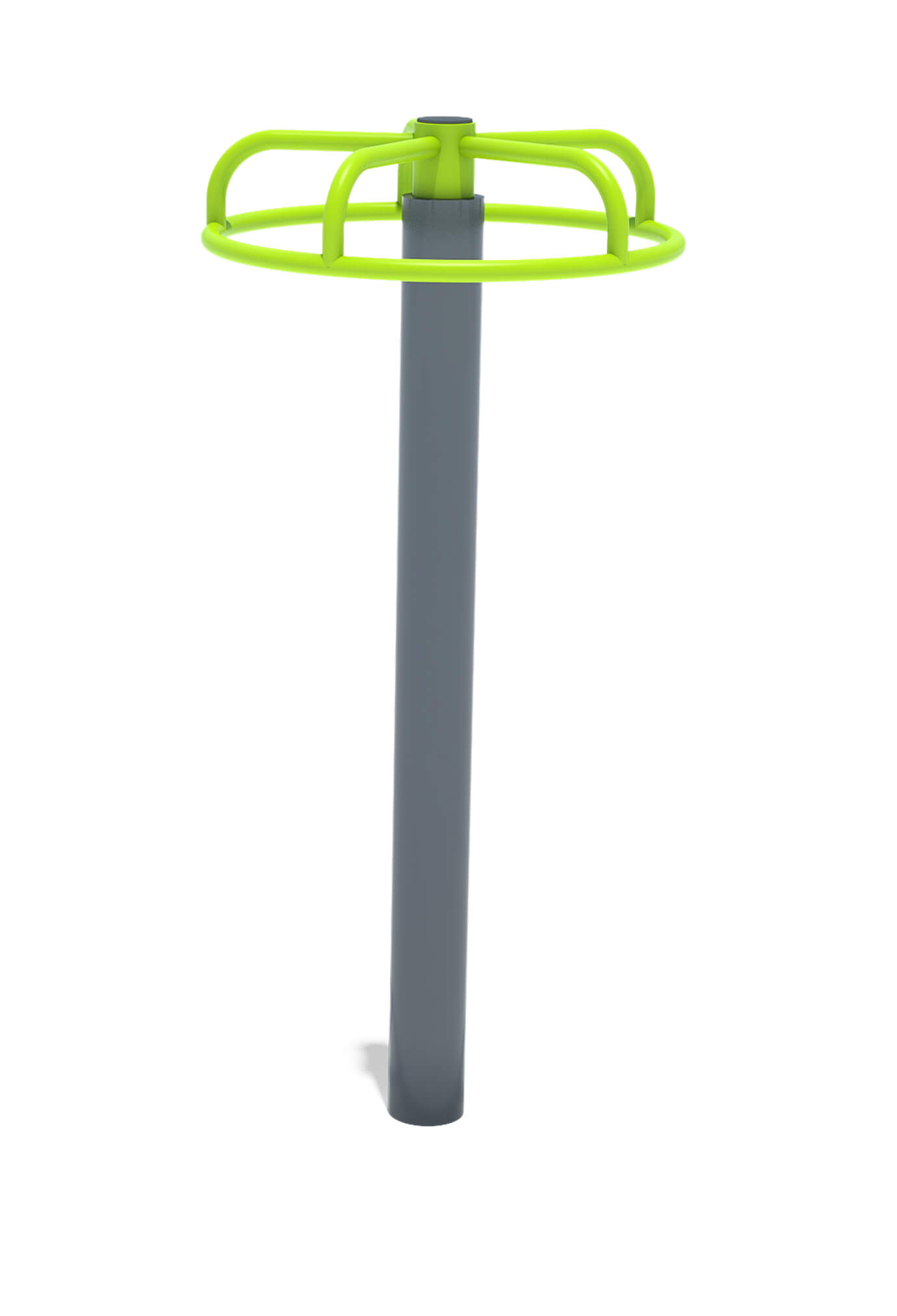 Grüner Drehring für Fitness- und Spielbereiche – modernes Outdoor-Gymnastikgerät auf grauem Ständer.