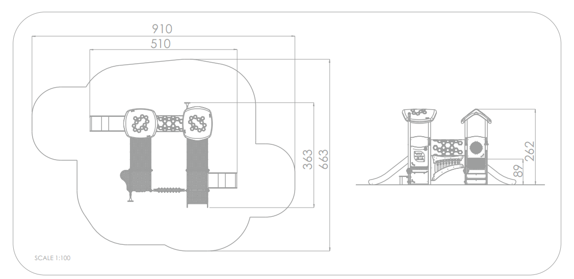 Spielplatz-Plan mit Maßen und Ansicht – Skala 1:100