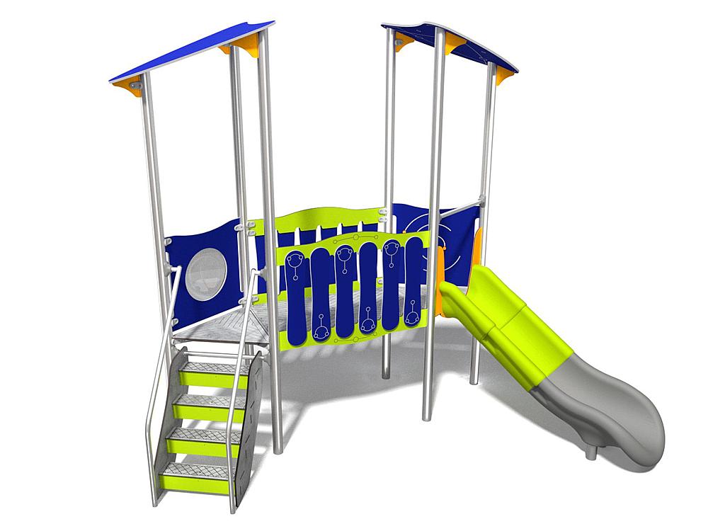 Schwinger für Kleinkinder mit Metallgestell und grünen Verbindungen auf weißem Hintergrund.