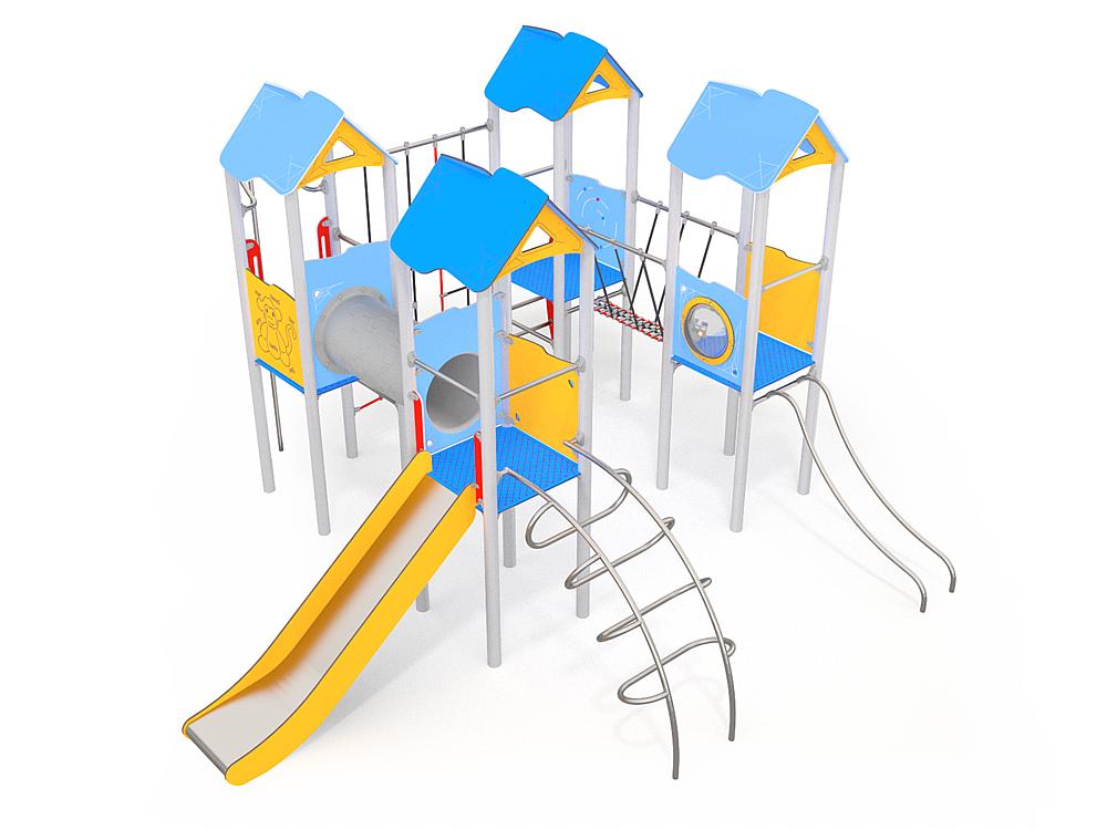Schwinger für Kleinkinder mit Metallgestell und grünen Verbindungen auf weißem Hintergrund.