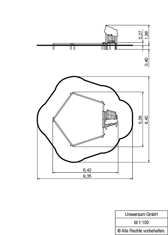 Technische Zeichnung eines Spielgeräts von Uniwersum GmbH im Maßstab 1:100.