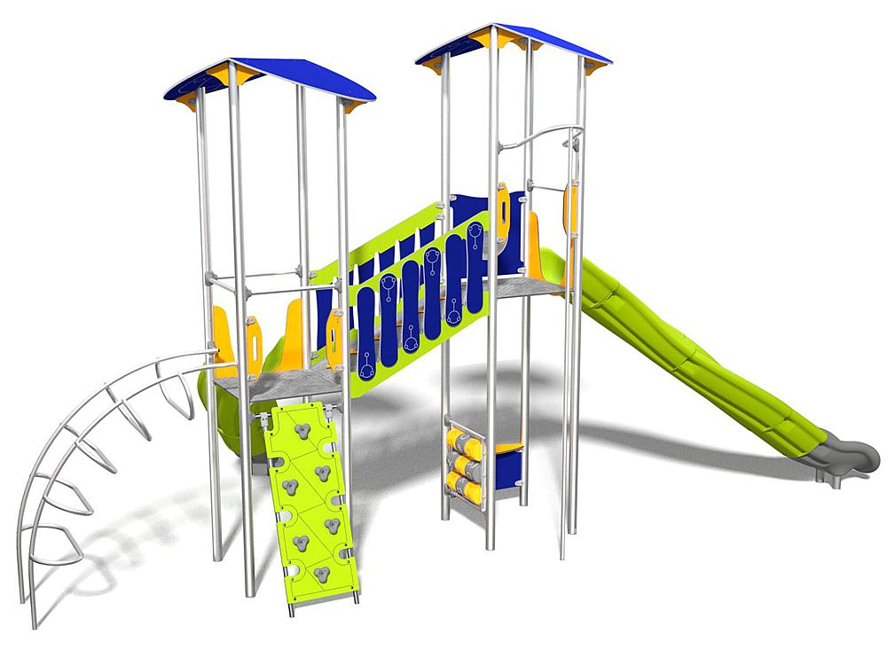 Schwinger für Kleinkinder mit Metallgestell und grünen Verbindungen auf weißem Hintergrund.
