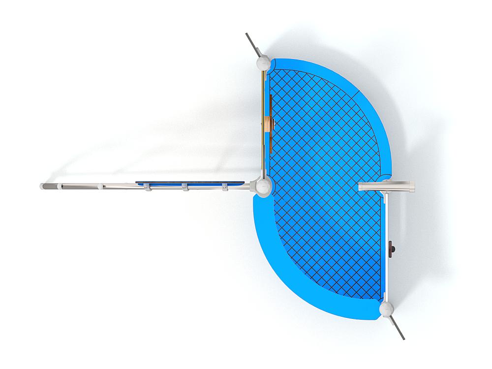 Schwinger für Kleinkinder mit Metallgestell und grünen Verbindungen auf weißem Hintergrund.