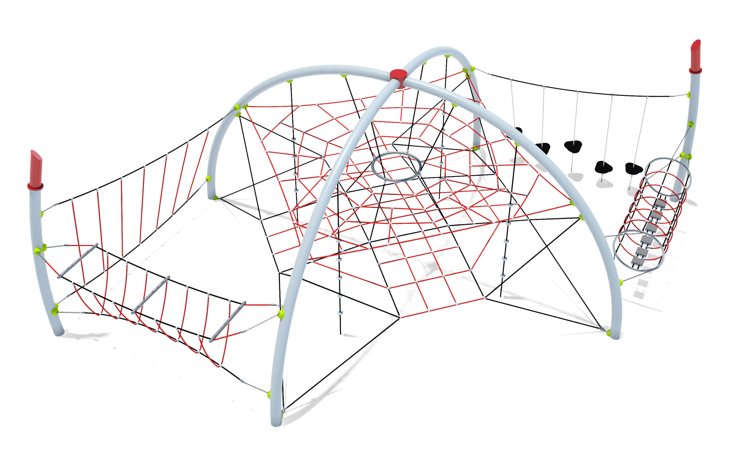 Modern playground structure with climbing nets, rope bridges und swings – ideal for active kids' playtime outdoors.

**German Alt Text (max 125 Zeichen):**
Moderne Spielgeräte mit Kletternetz, Seilbrücke & Schaukel für aktives Kinderspiel im Freien.