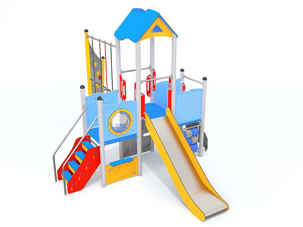 Bunter Kinderspielplatz mit Rutsche und Kletterelementen für Freiluftspielbereiche.