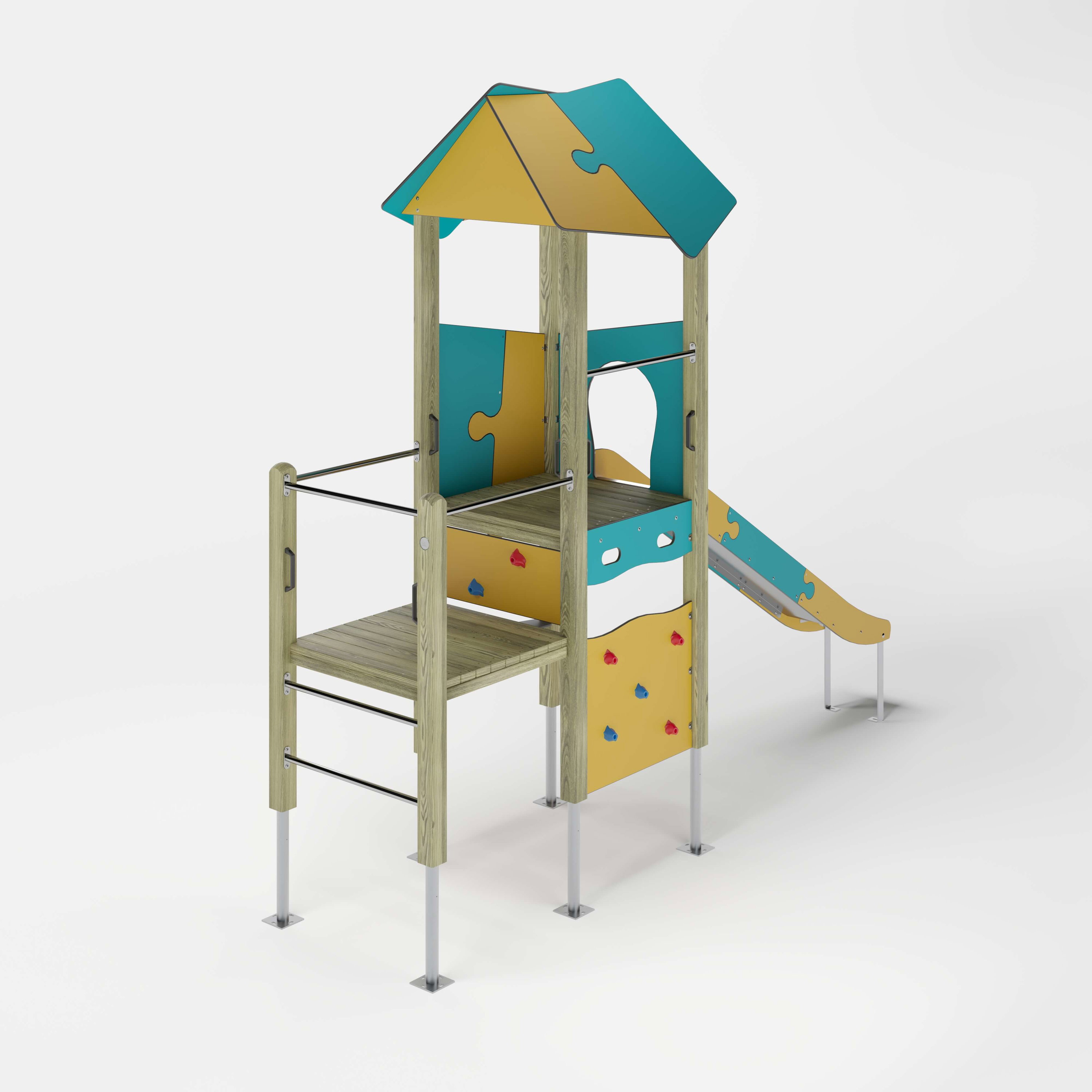 Bunte Kinderspielburg mit Dach und Rutsche auf weißem Hintergrund.