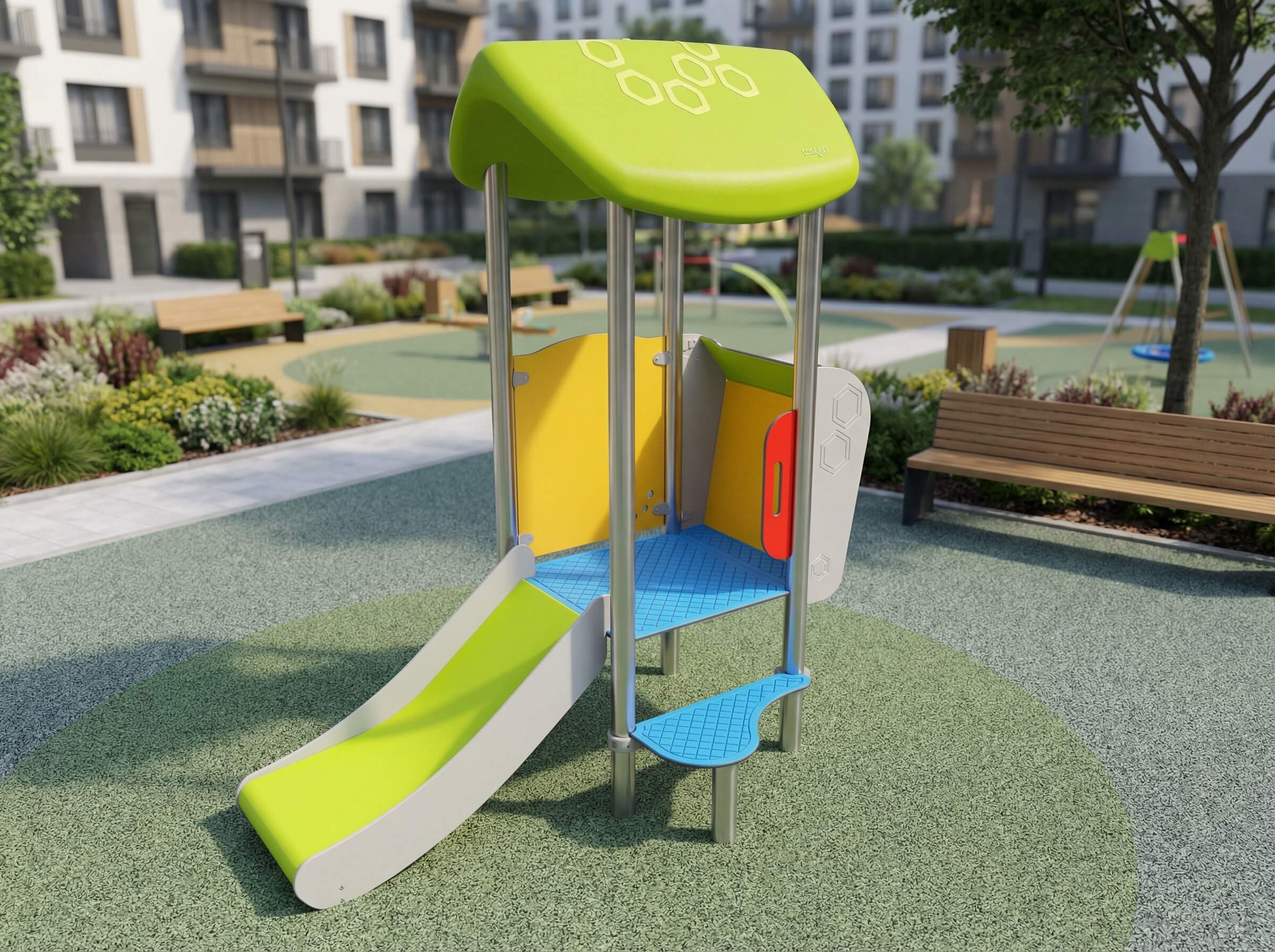 Farbiger Kinder-Spielplatz mit Rutsche und Dach im modernen Wohnbereich.