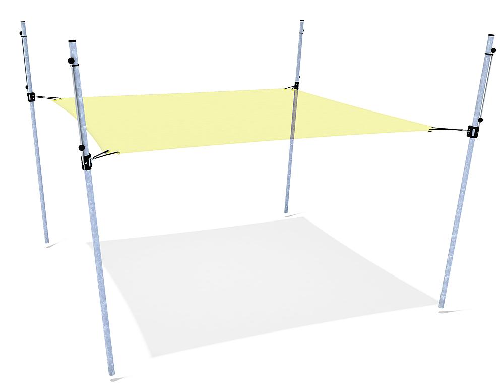 Lichtgelber Sonnenschutz mit vier Stangen auf weißem Hintergrund – ideal für Garten oder Terrasse.
