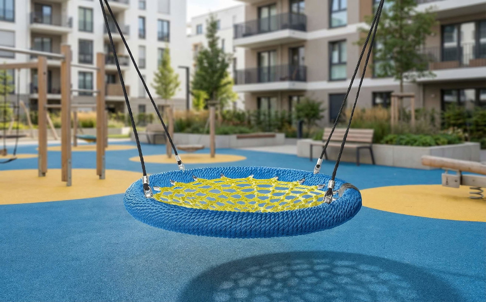Blauer Netz-Schaukel im modernen Spielplatz vor Wohnhäusern mit buntem Bodenbelag.
