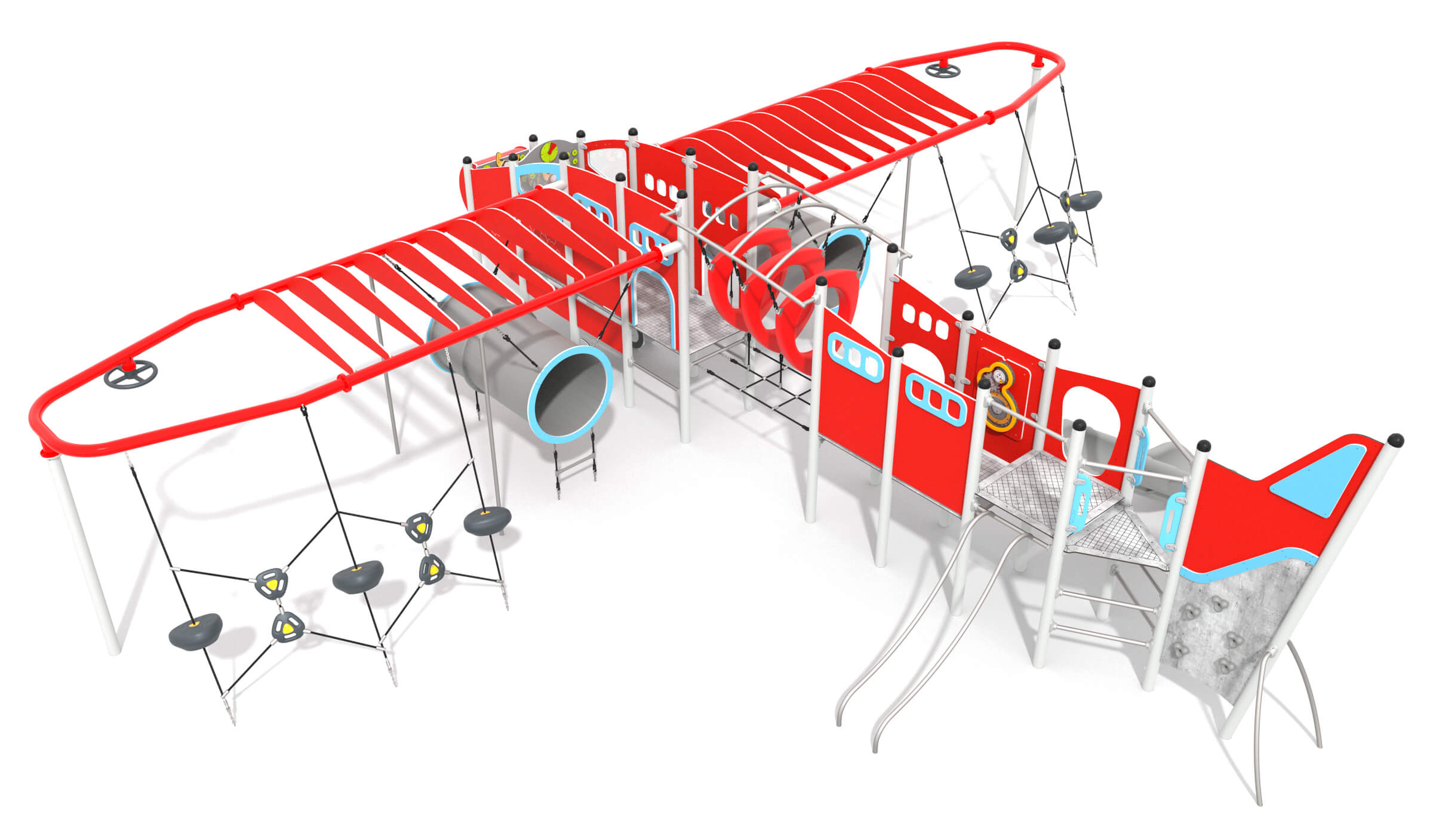 Rotes Flugzeug-Spielgerät mit Rutschen und Kletterelementen für Kinder auf weißem Hintergrund.