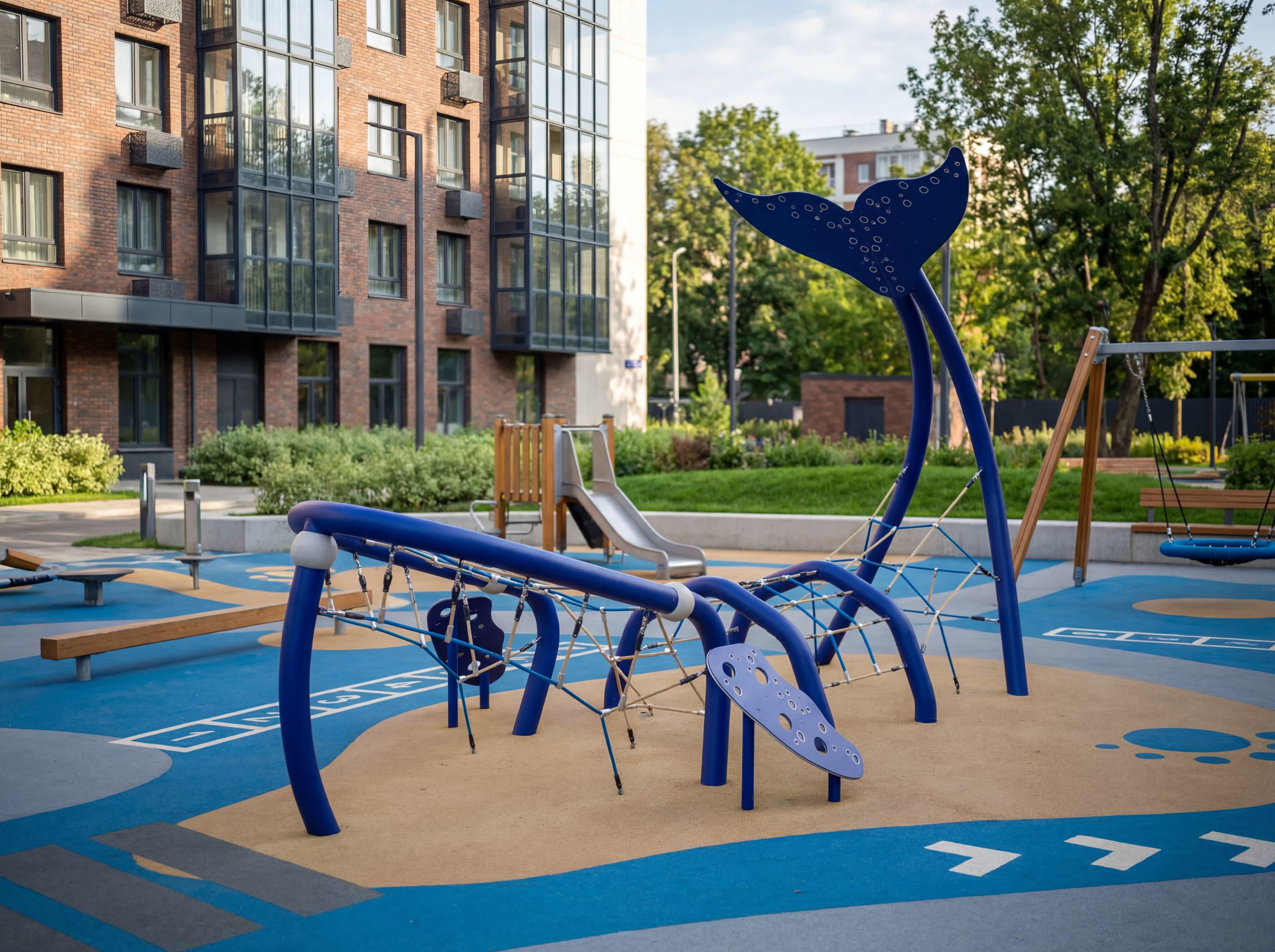 Blauer Wal-Playground vor modernem Wohnhaus mit Sandfläche und Klettergerüst.