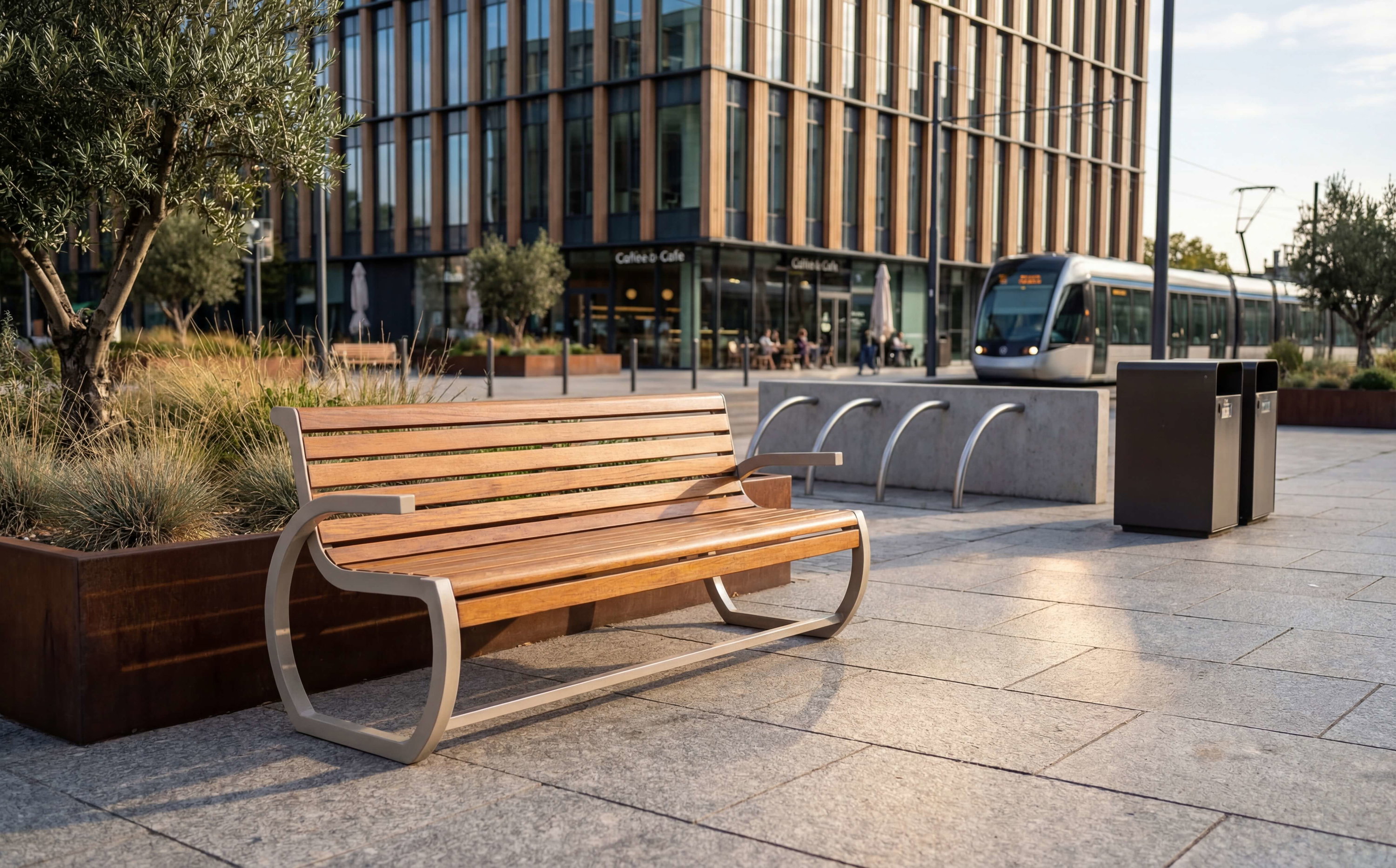Holzbank im modernen Stadtpark mit Bäumen und Straßenbahnhintergrund.