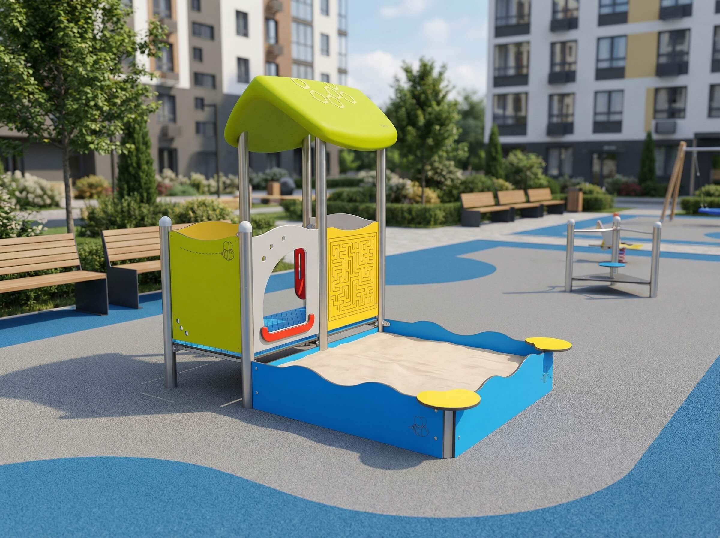 Bunte Sandkasten-Anlage mit Schutzdach und Labyrinthwand im modernen Spielplatz vor Wohnhäusern.