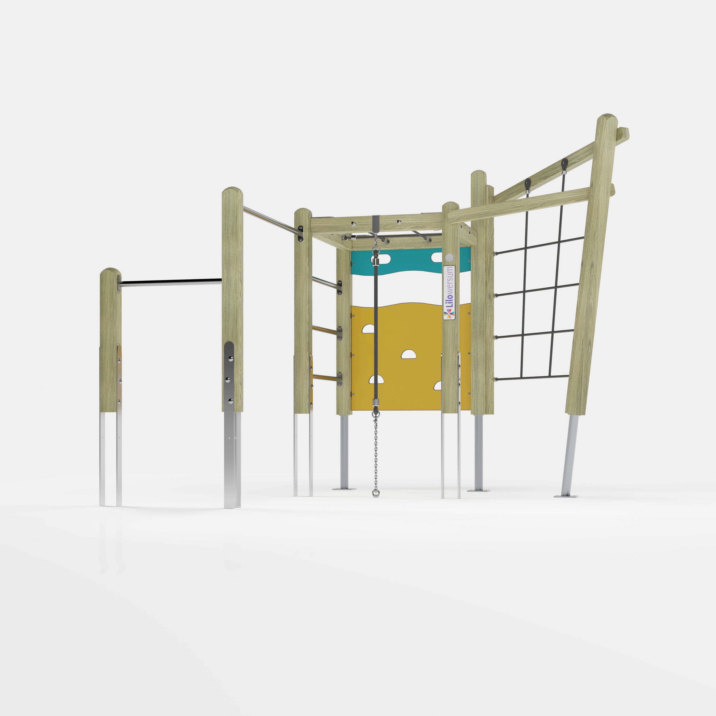 Bunte Kinderspielburg mit Dach und Rutsche auf weißem Hintergrund.