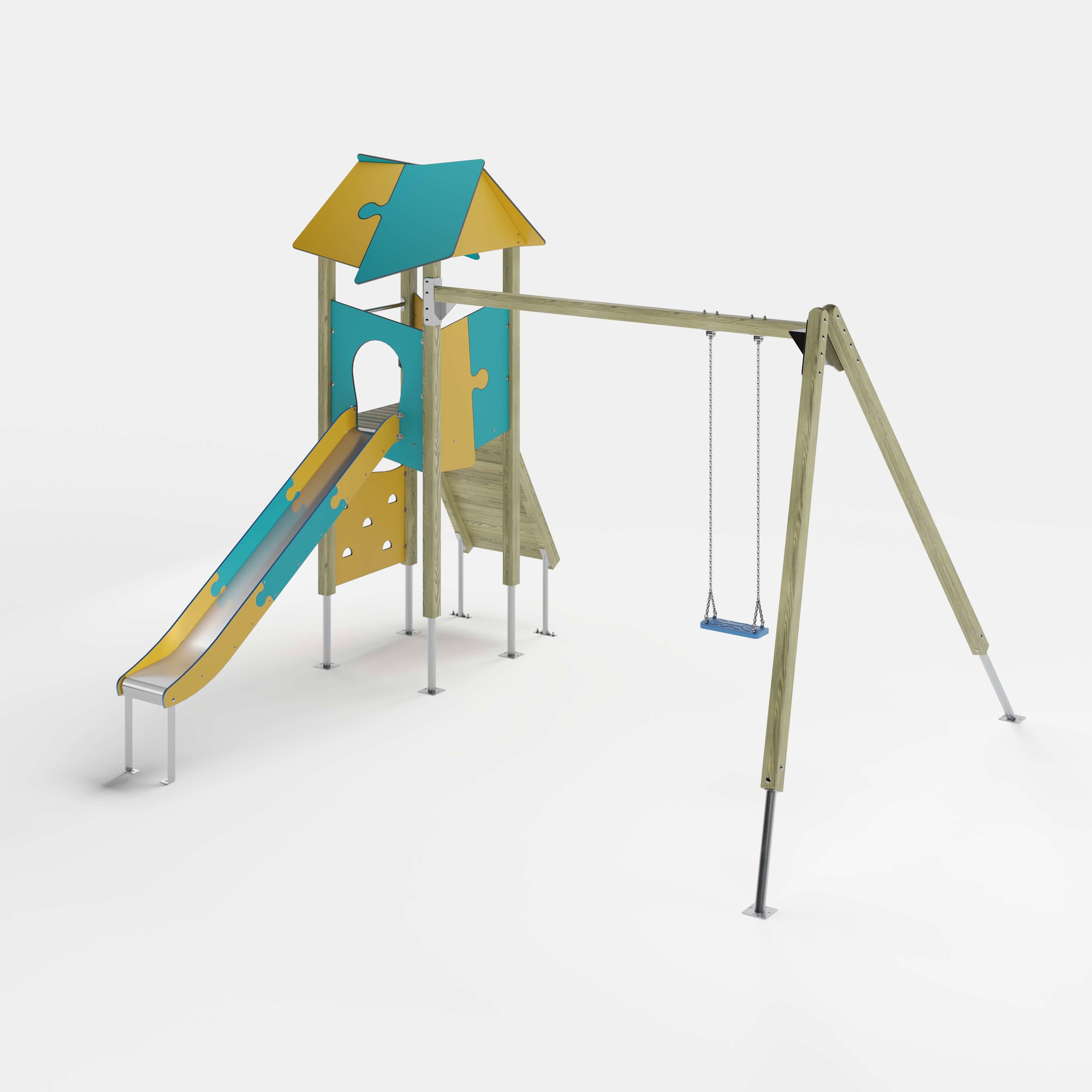 Bunte Kinderspielburg mit Dach und Rutsche auf weißem Hintergrund.