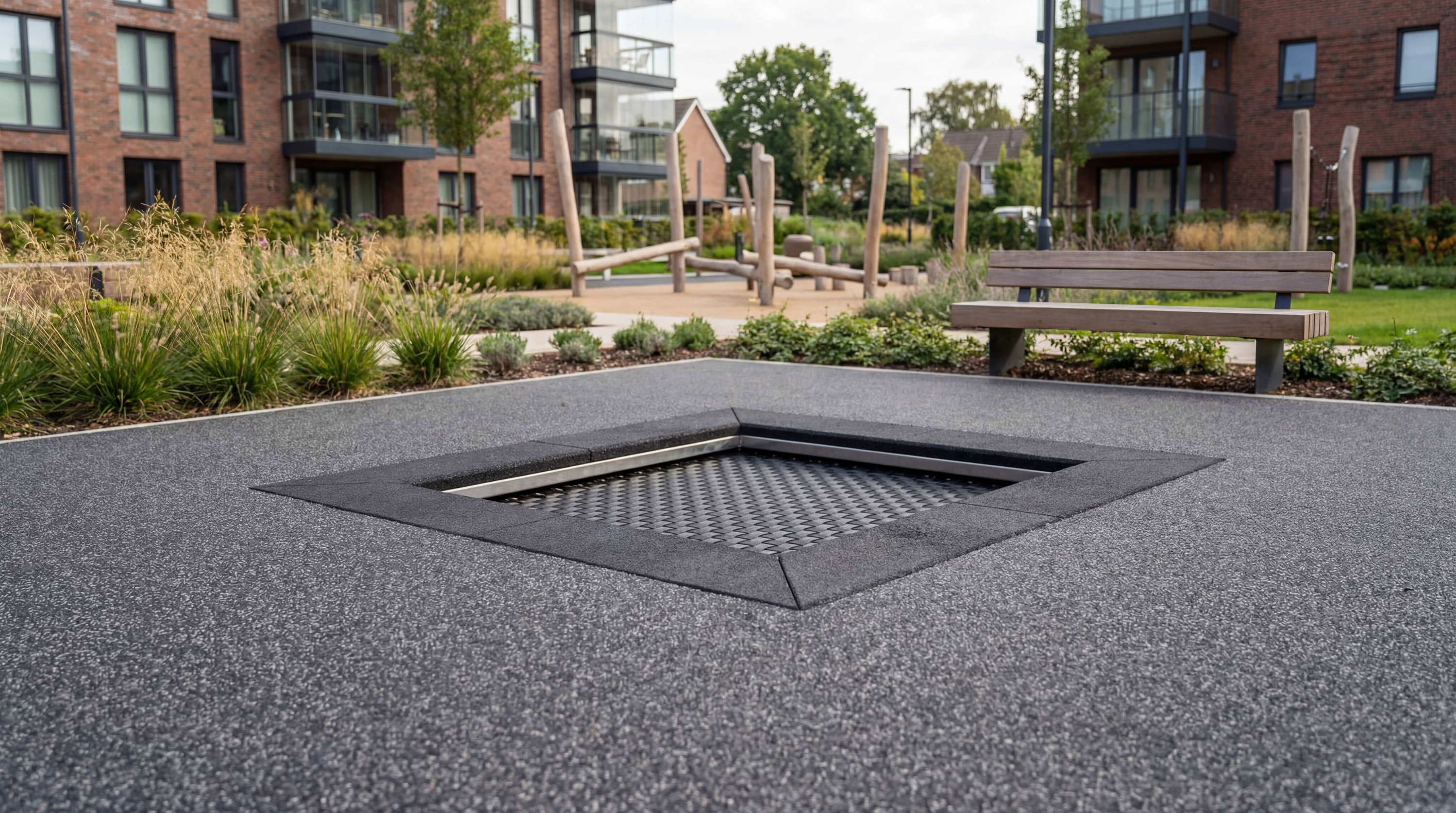 Modern urban park with fire pit, bench und wooden play structure vor Wohnhäusern.