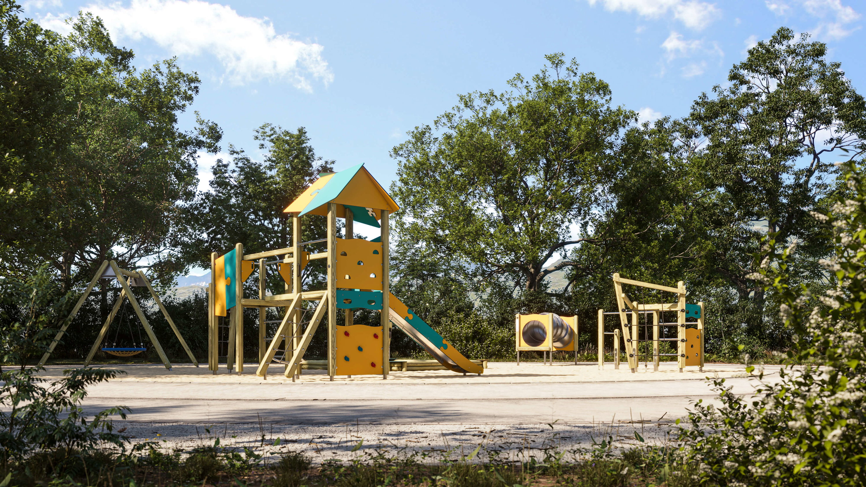 Bunte Spielplatzanlage mit Rutsche und Schaukel im Grünen unter blauem Himmel.