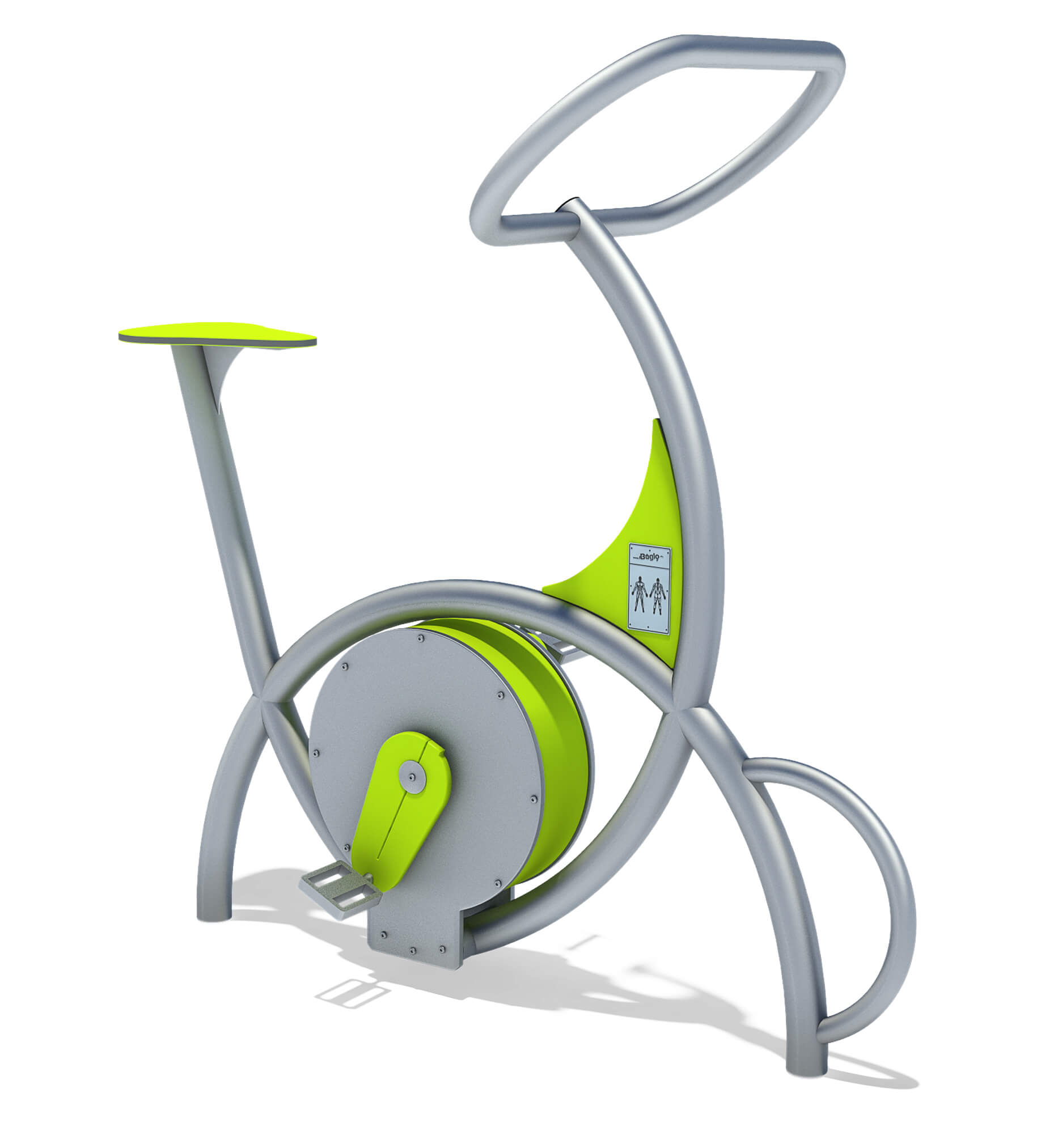 Gelb-grünes Fitnessrad für Kinder im Freien mit Sitz und Pedalen.