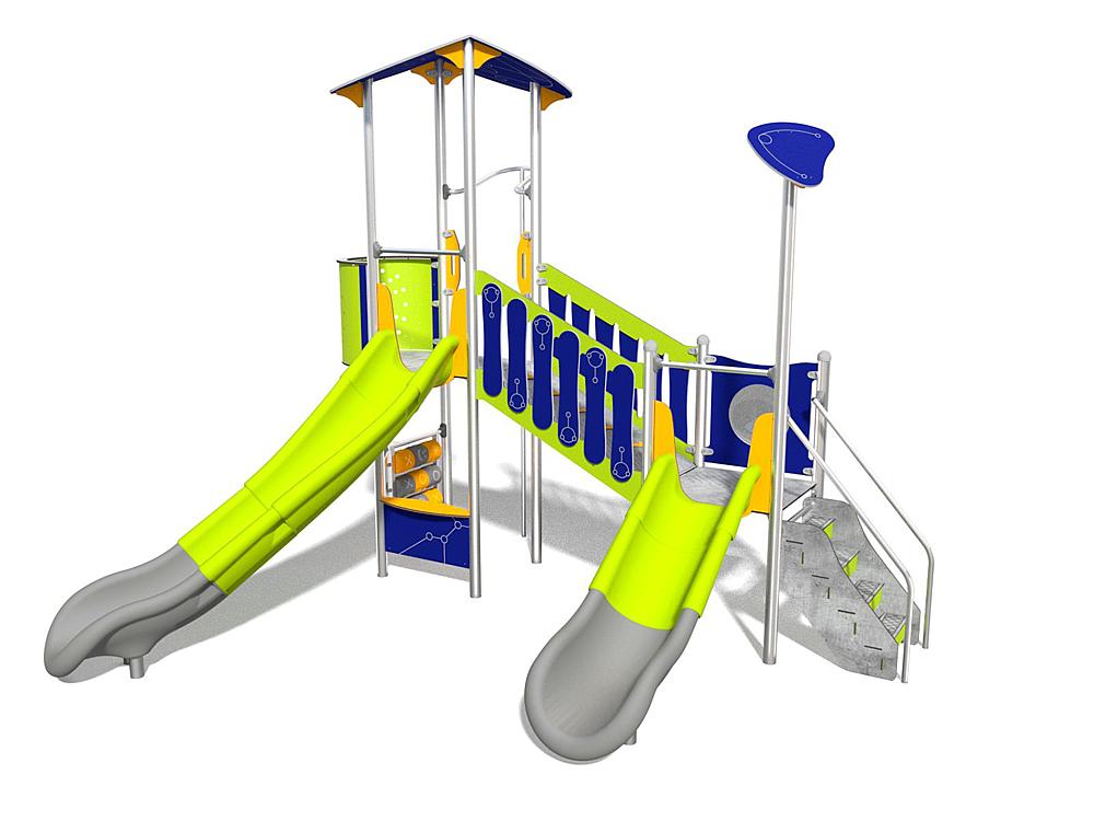 Schwinger für Kleinkinder mit Metallgestell und grünen Verbindungen auf weißem Hintergrund.