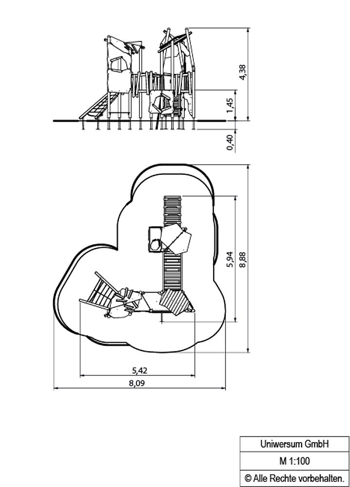 Kinderspielplatz mit Rutsche, Klettergerüst und Seilrutschen im grünen Bereich.