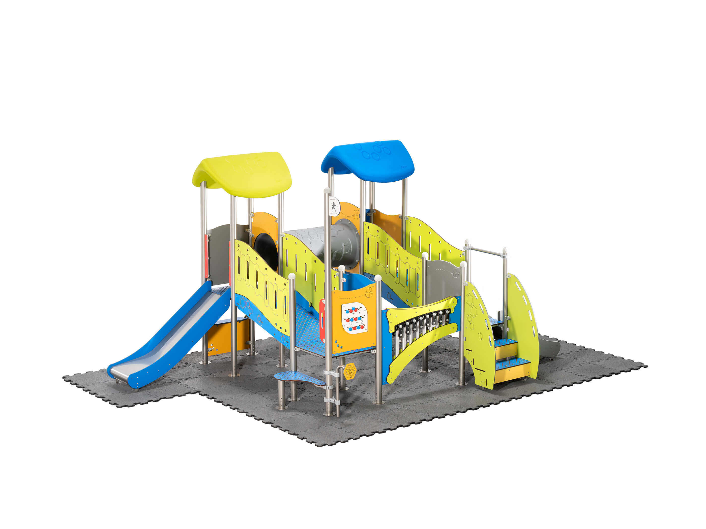Schwinger für Kleinkinder mit Metallgestell und grünen Verbindungen auf weißem Hintergrund.