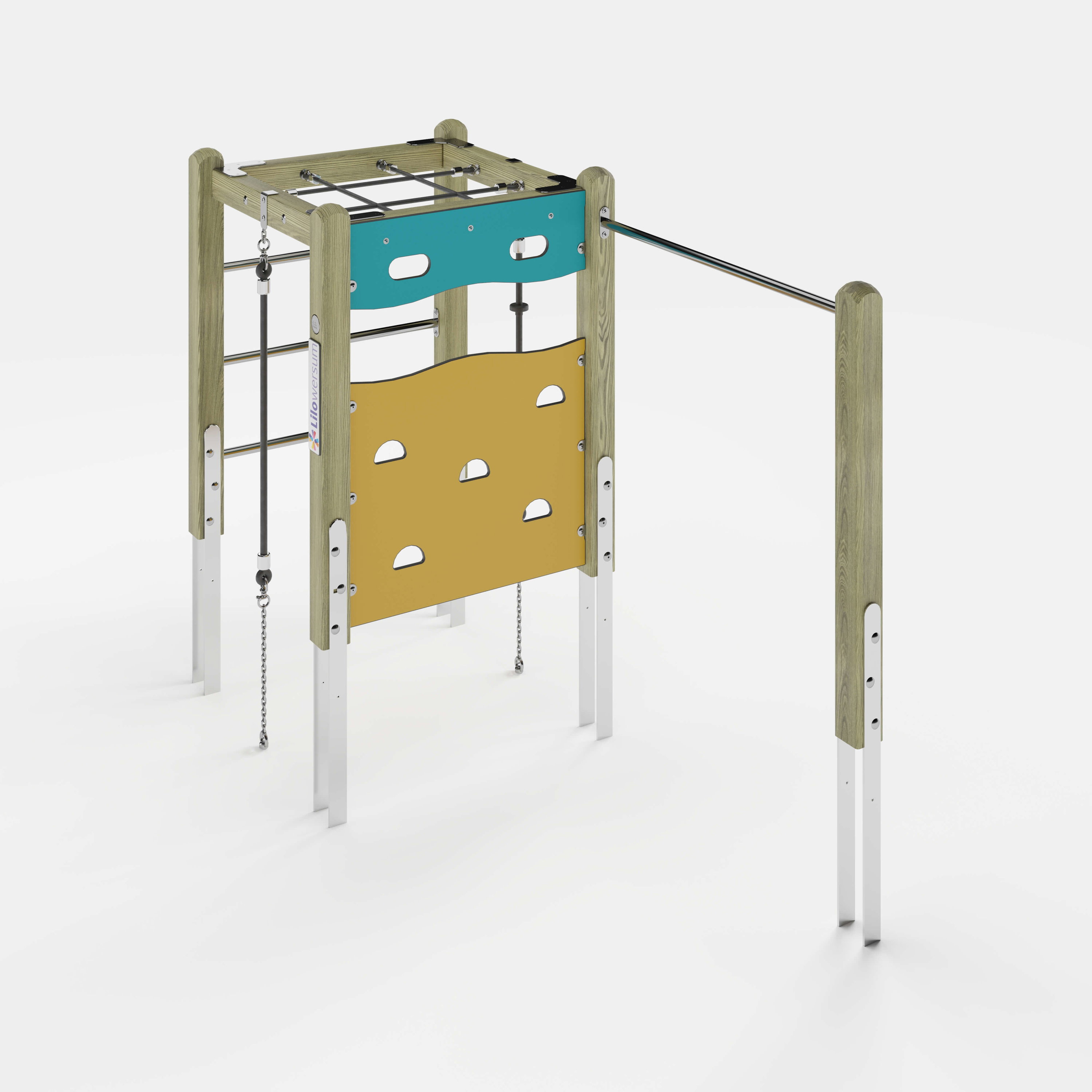 Bunte Kinderspielburg mit Dach und Rutsche auf weißem Hintergrund.