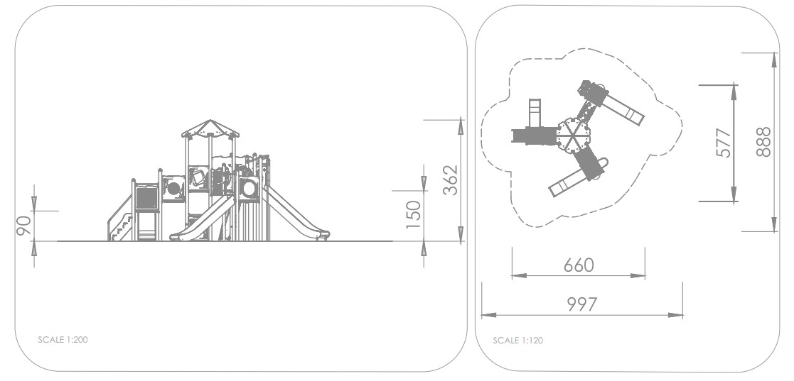 Technische Zeichnung eines Spielplatzes mit Seiten- und Grundrissansicht sowie Maßen.