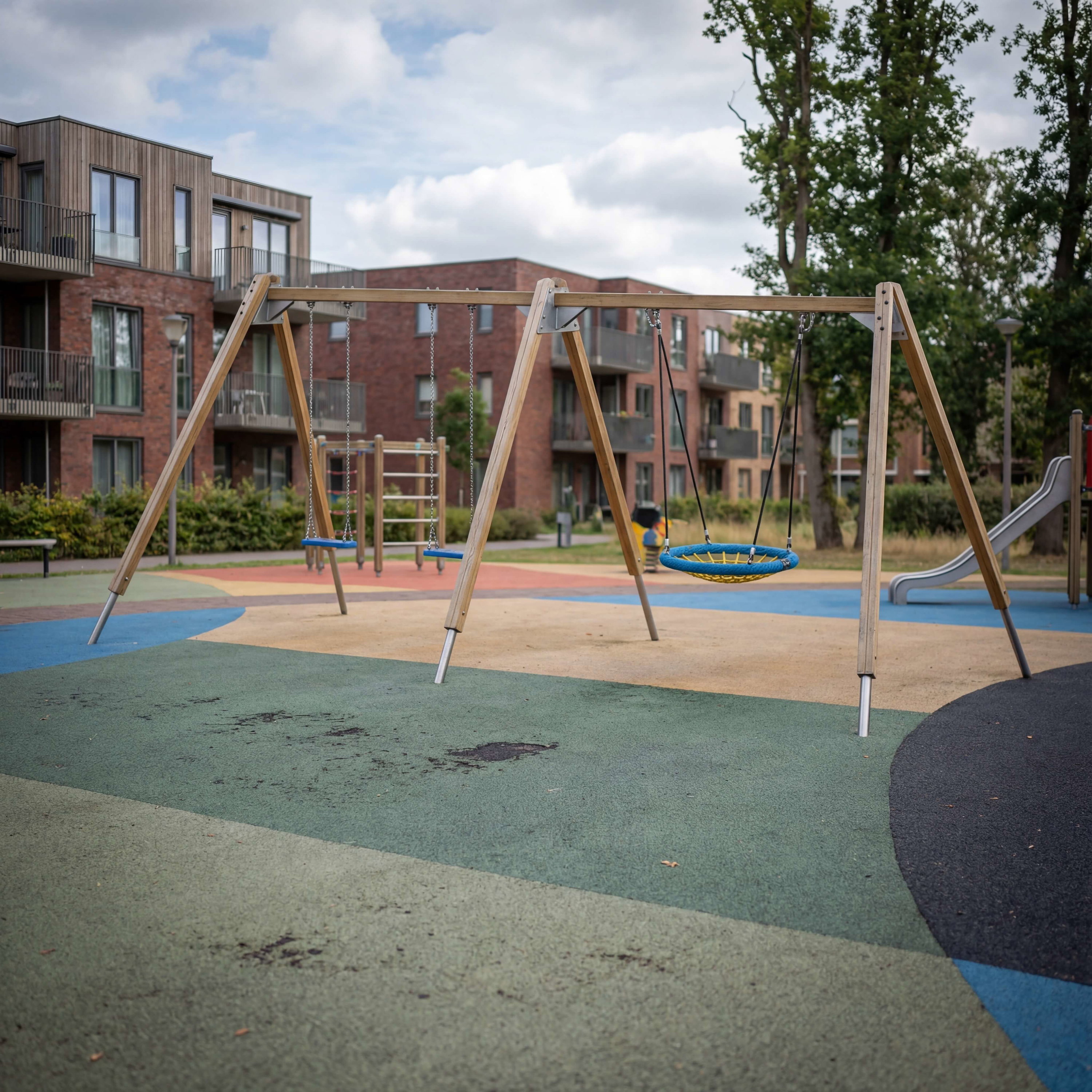Schaukeln im Spielplatz vor modernen Wohnhäusern unter bewölktem Himmel.