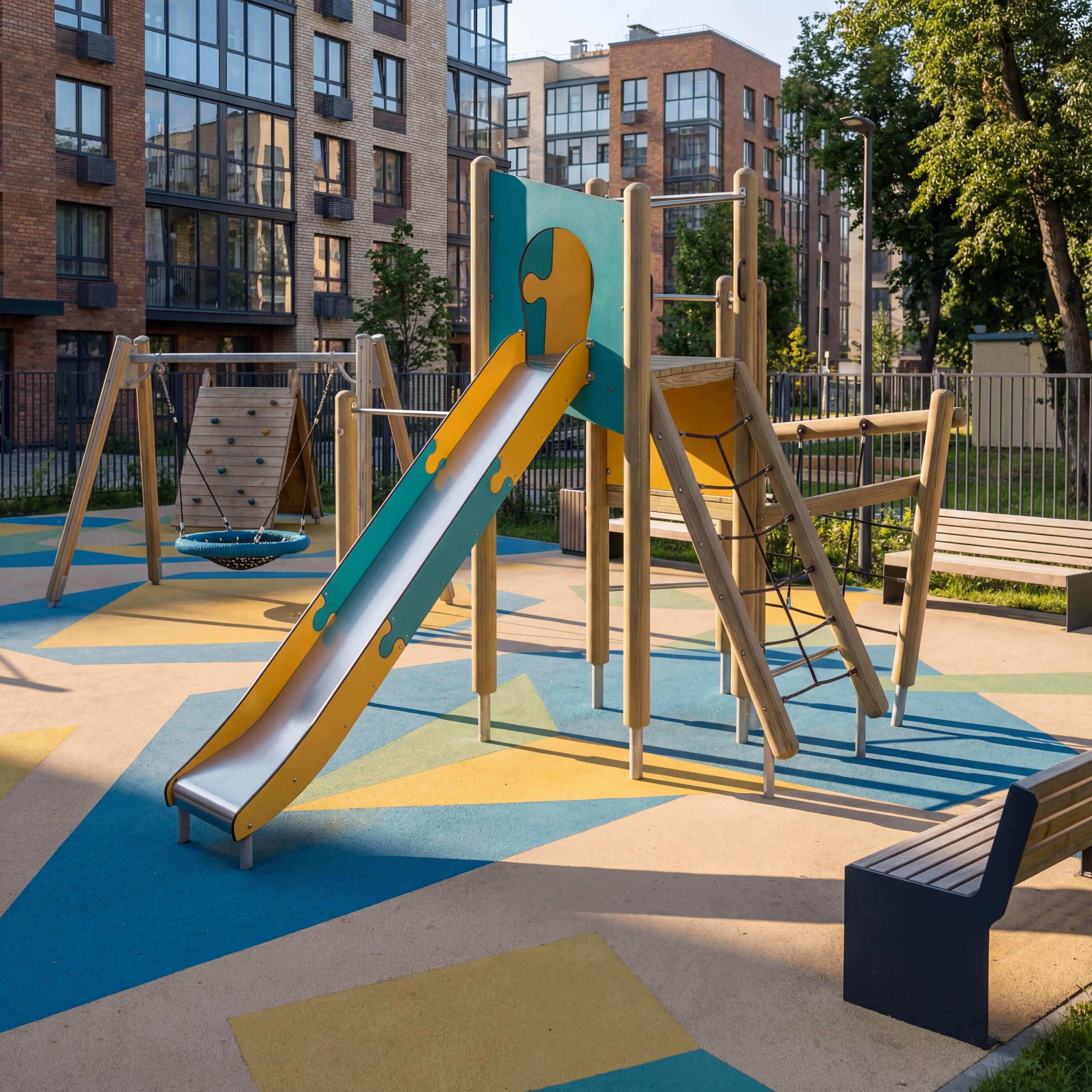 Bunte Spielplatzanlage mit Rutsche und Klettergerüst vor modernen Wohnhäusern im Sonnenlicht.