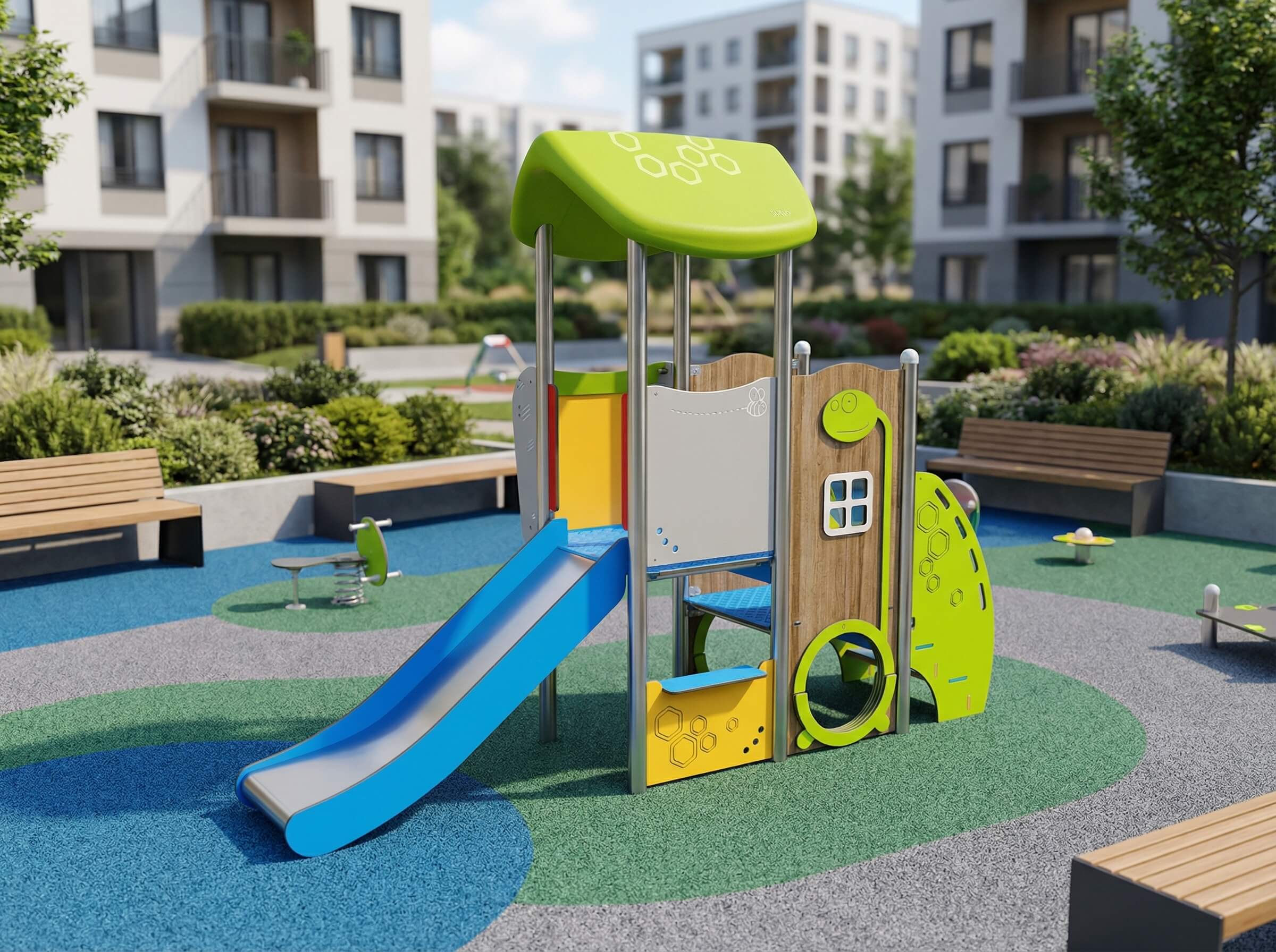 Bunte Spielanlage mit Rutsche und Kletterwand im modernen Wohnbereich mit Sitzbänken und Grünflächen.