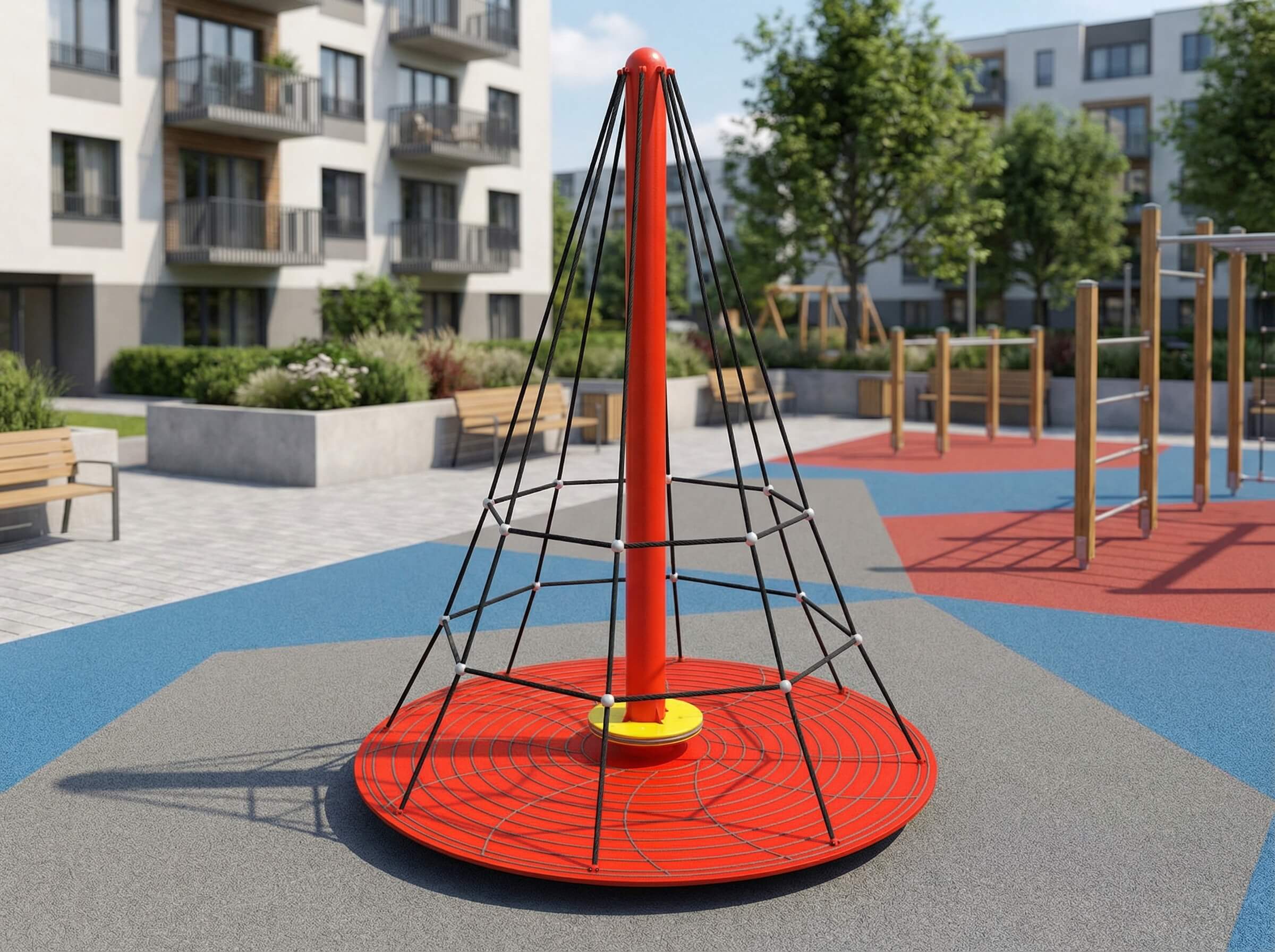 Roter Drehkreisel im modernen Spielplatz vor Wohnhäusern mit buntem Bodenbelag.