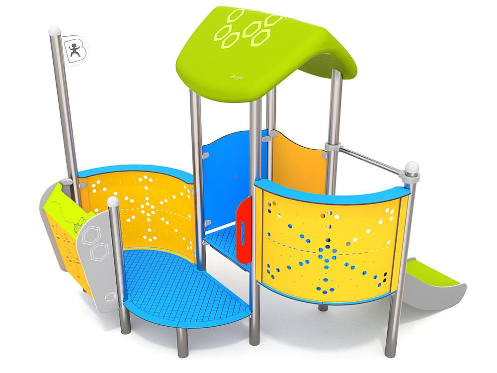 Schwinger für Kleinkinder mit Metallgestell und grünen Verbindungen auf weißem Hintergrund.
