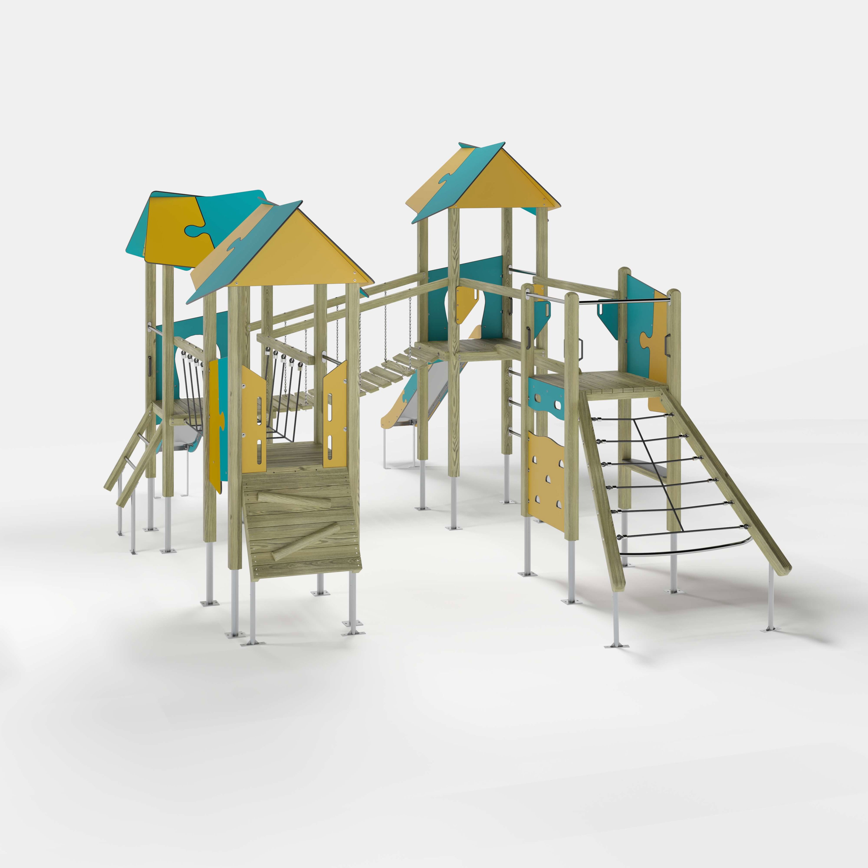 Bunte Kinderspielburg mit Dach und Rutsche auf weißem Hintergrund.