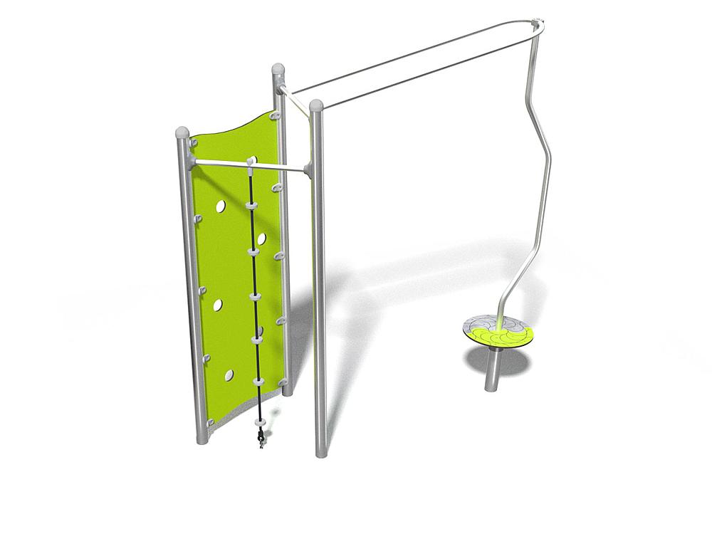Schwinger für Kleinkinder mit Metallgestell und grünen Verbindungen auf weißem Hintergrund.