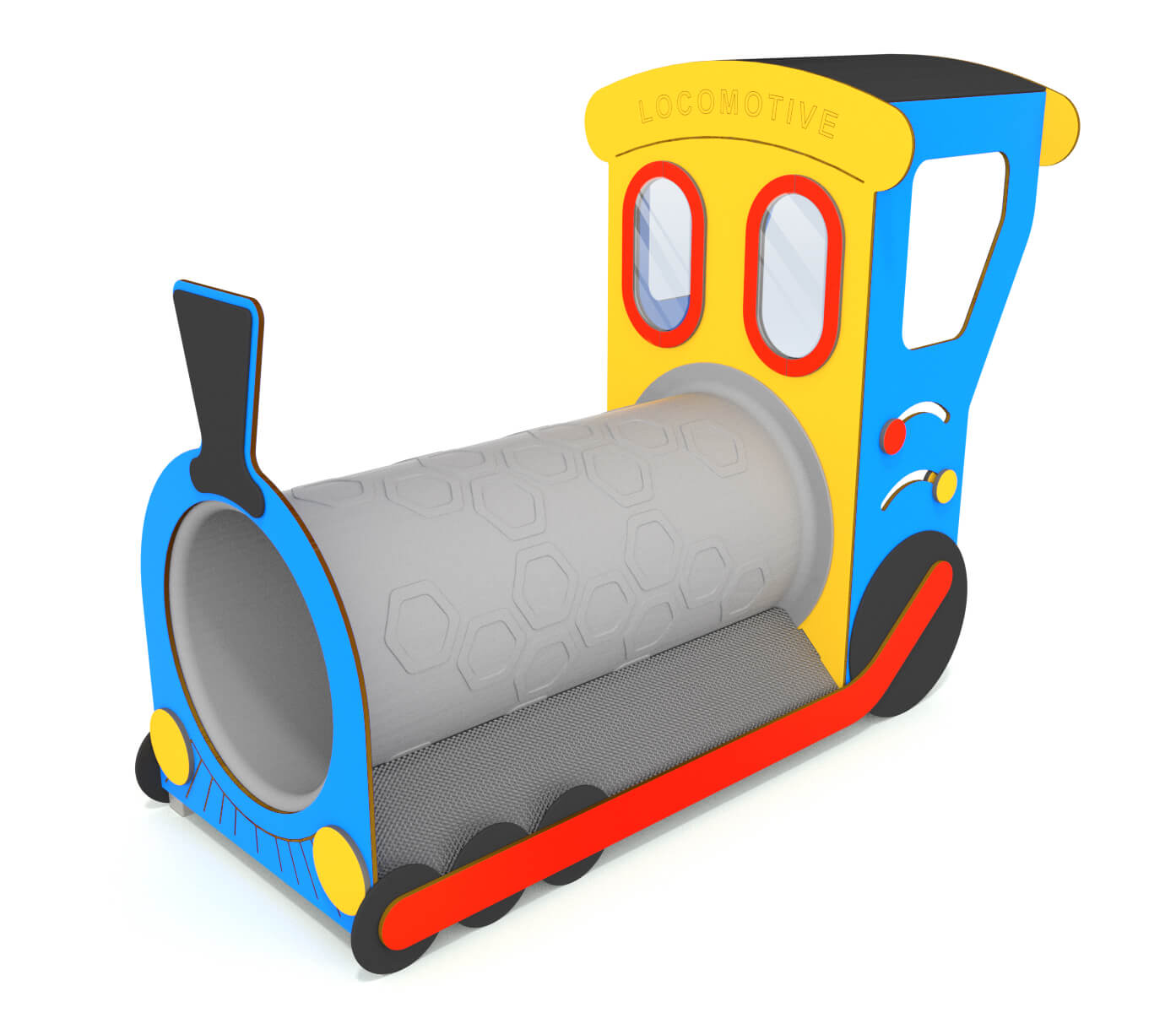 Bunte Spielzug für Kinder mit Tunnel und Lokomotiv-Design – ideal für Kletterparcours oder Kinderspielplatz.