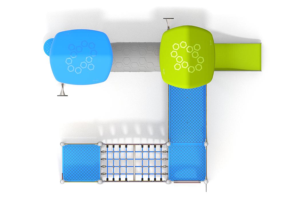 Schwinger für Kleinkinder mit Metallgestell und grünen Verbindungen auf weißem Hintergrund.
