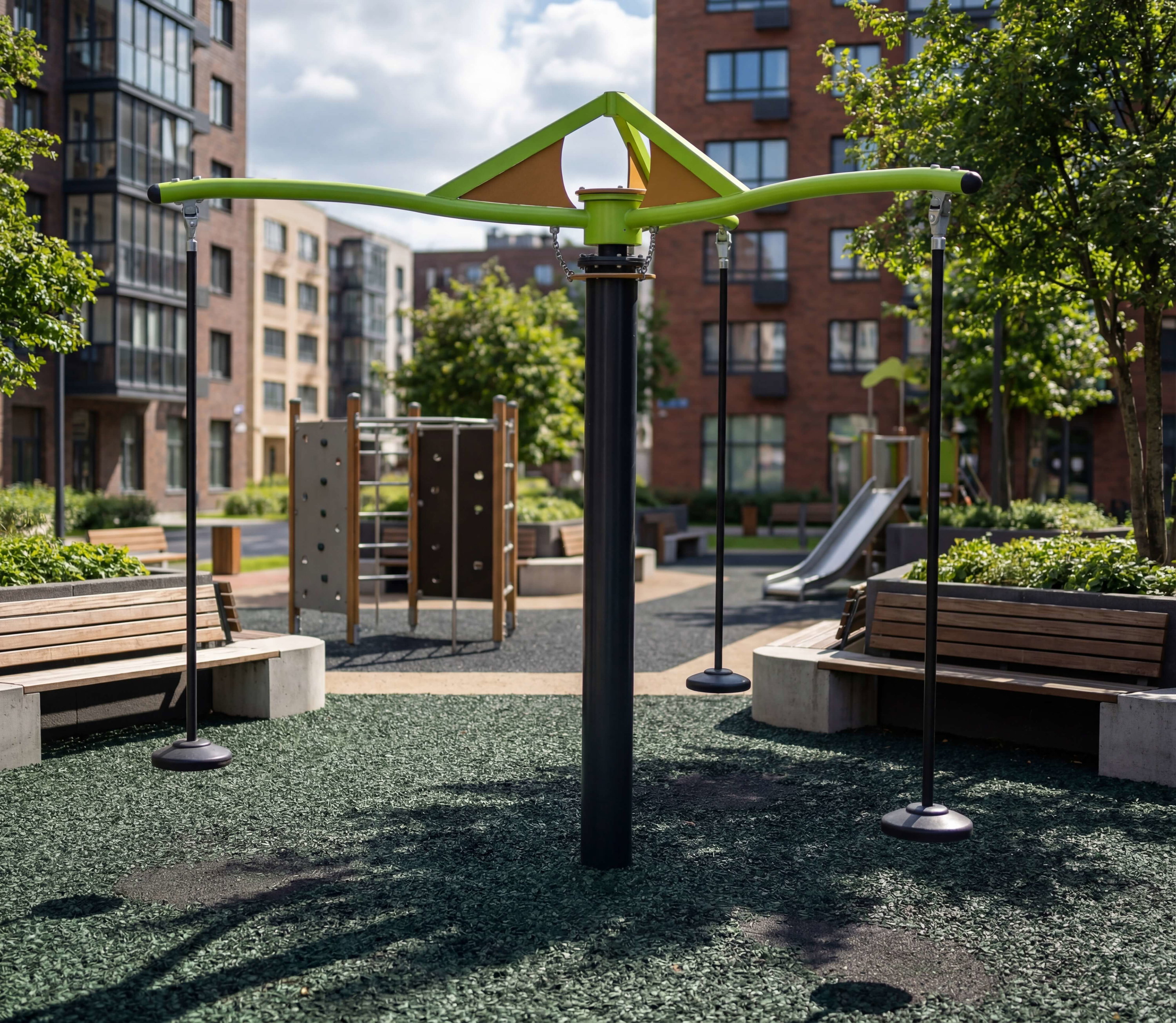 Modern playground equipment with green accents in urban park surrounded by trees and apartment buildings.

**German Alt Text (max 125 Zeichen):**

Moderne Spielgeräte im städtischen Park mit grünen Akzenten und Wohnhäusern im Hintergrund.